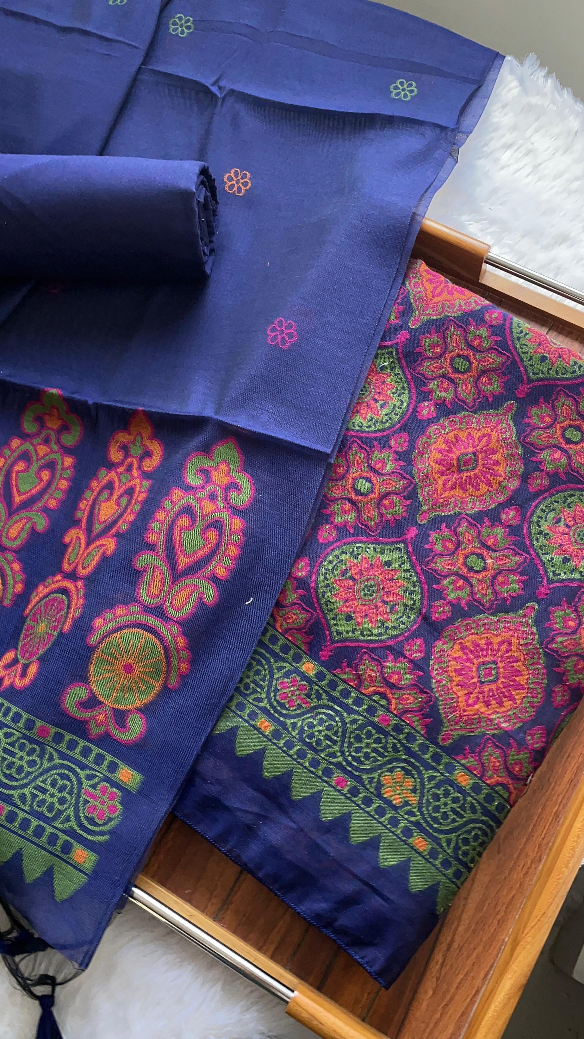 Lumina Ajrakh Navy Muga Cotton Unstitched Suit Set