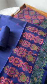 Lumina Ajrakh Navy Muga Cotton Unstitched Suit Set