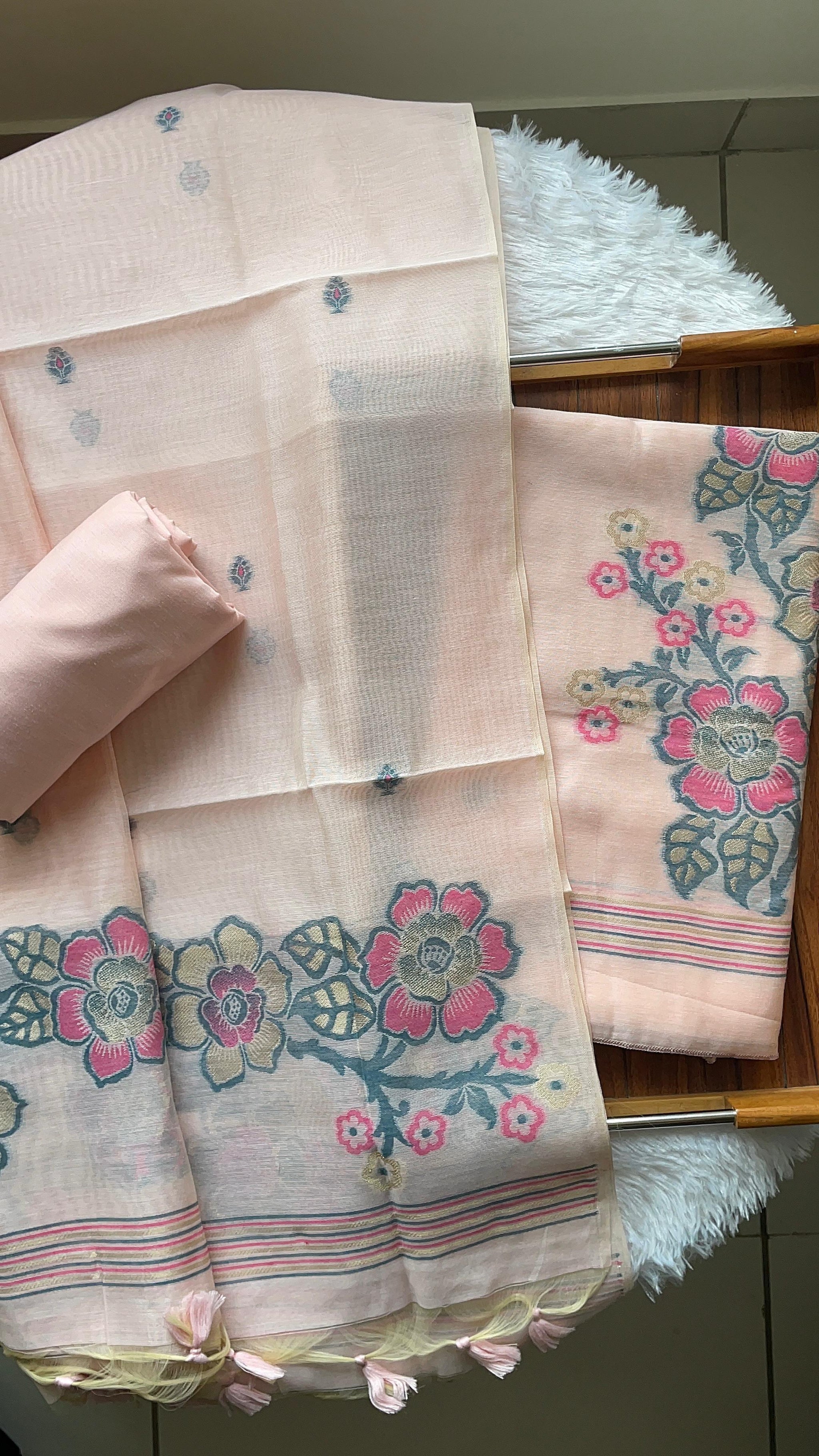 Fleur Baby Pink Muga Cotton Unstitched Suit Set