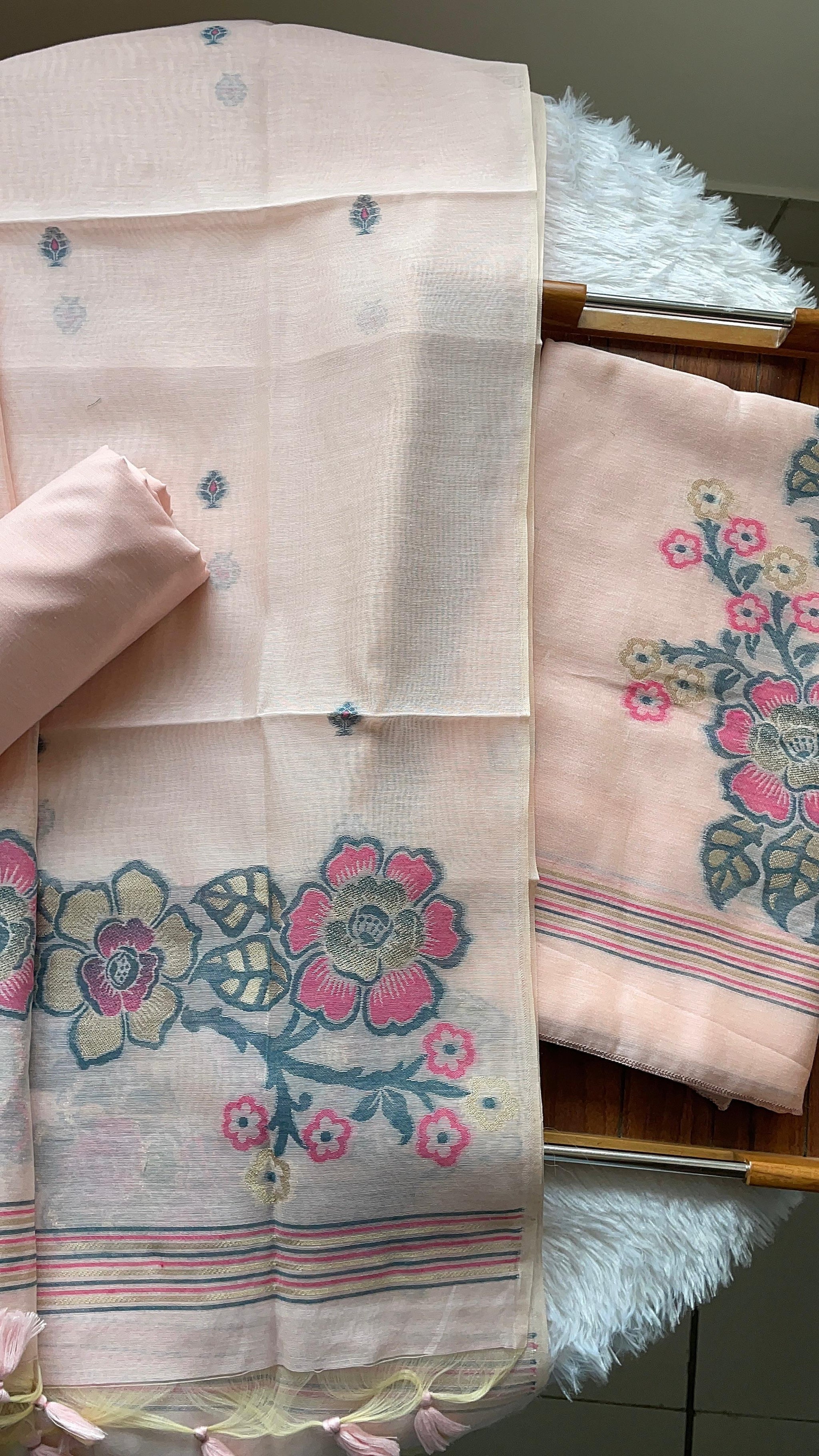 Fleur Baby Pink Muga Cotton Unstitched Suit Set