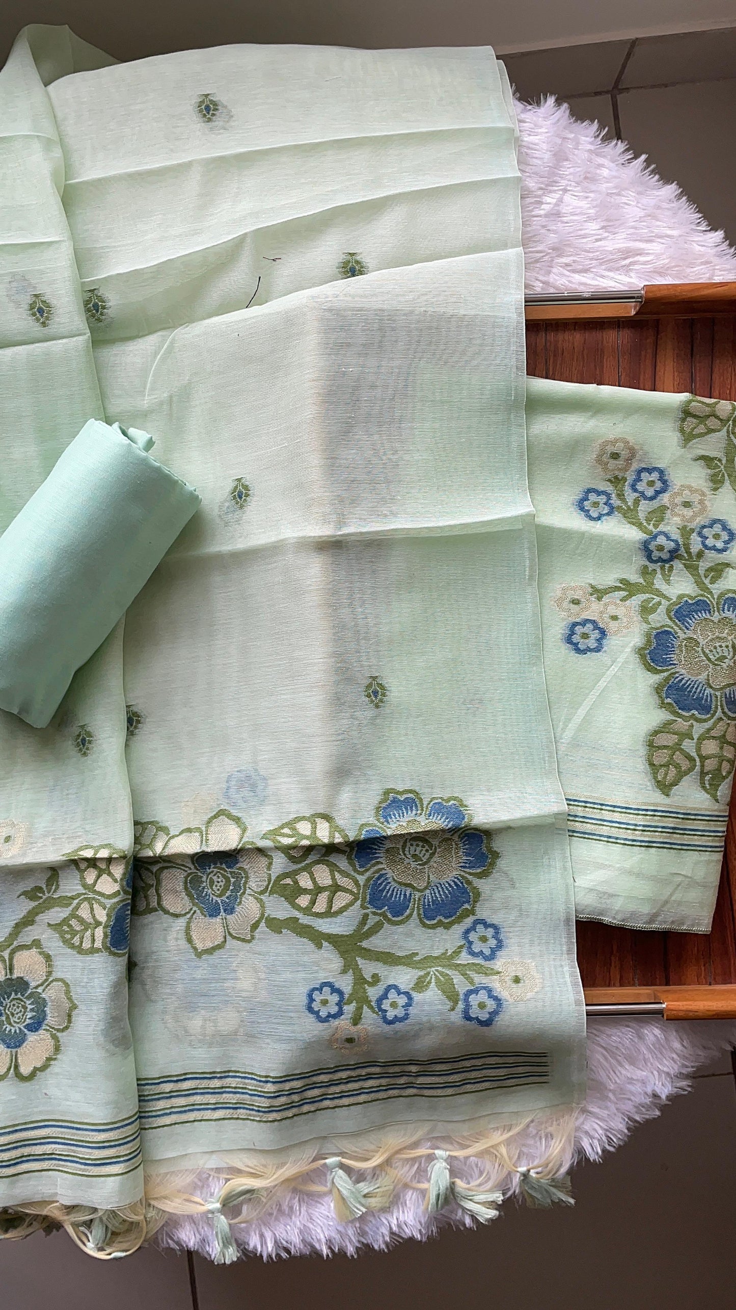 Fleur Mint Green Muga Cotton Unstitched Suit Set