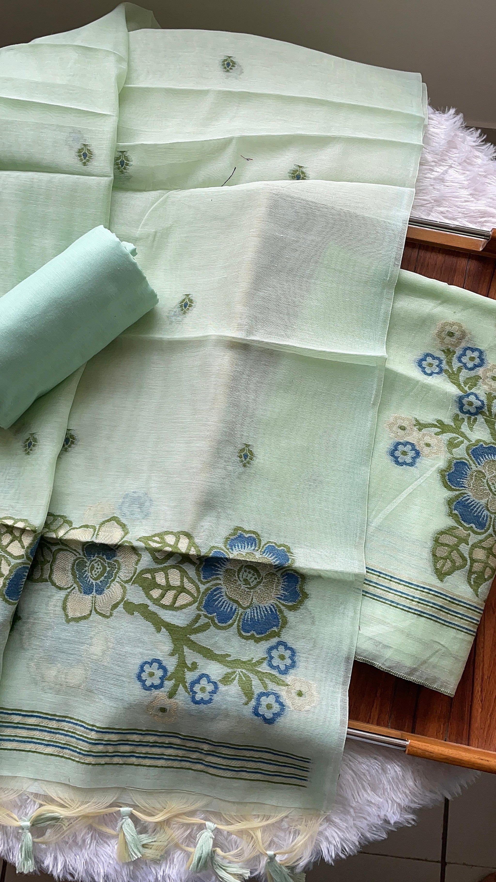 Fleur Mint Green Muga Cotton Unstitched Suit Set
