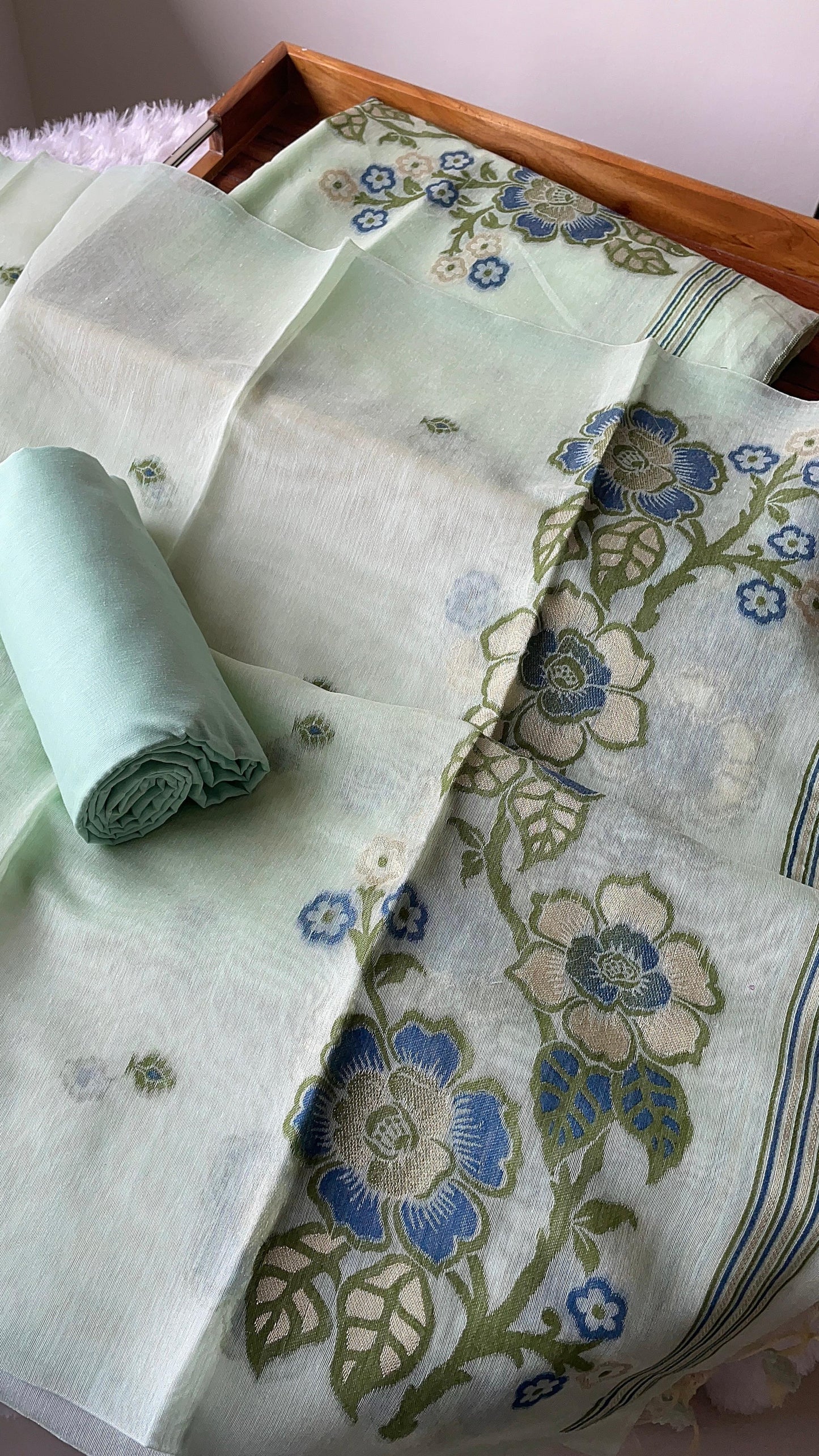 Fleur Mint Green Muga Cotton Unstitched Suit Set