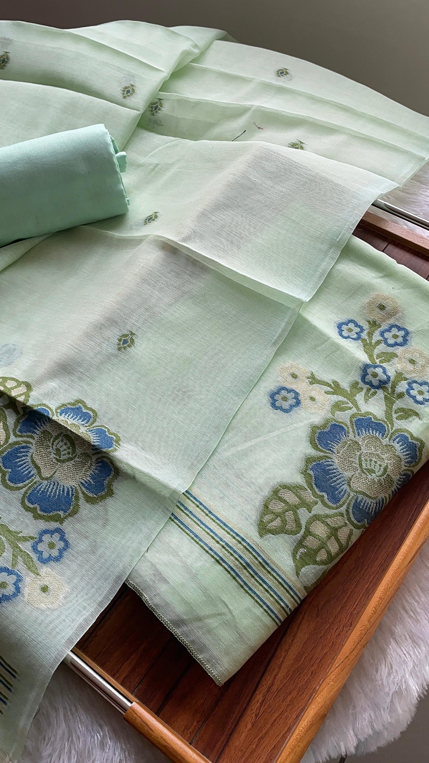 Fleur Mint Green Muga Cotton Unstitched Suit Set