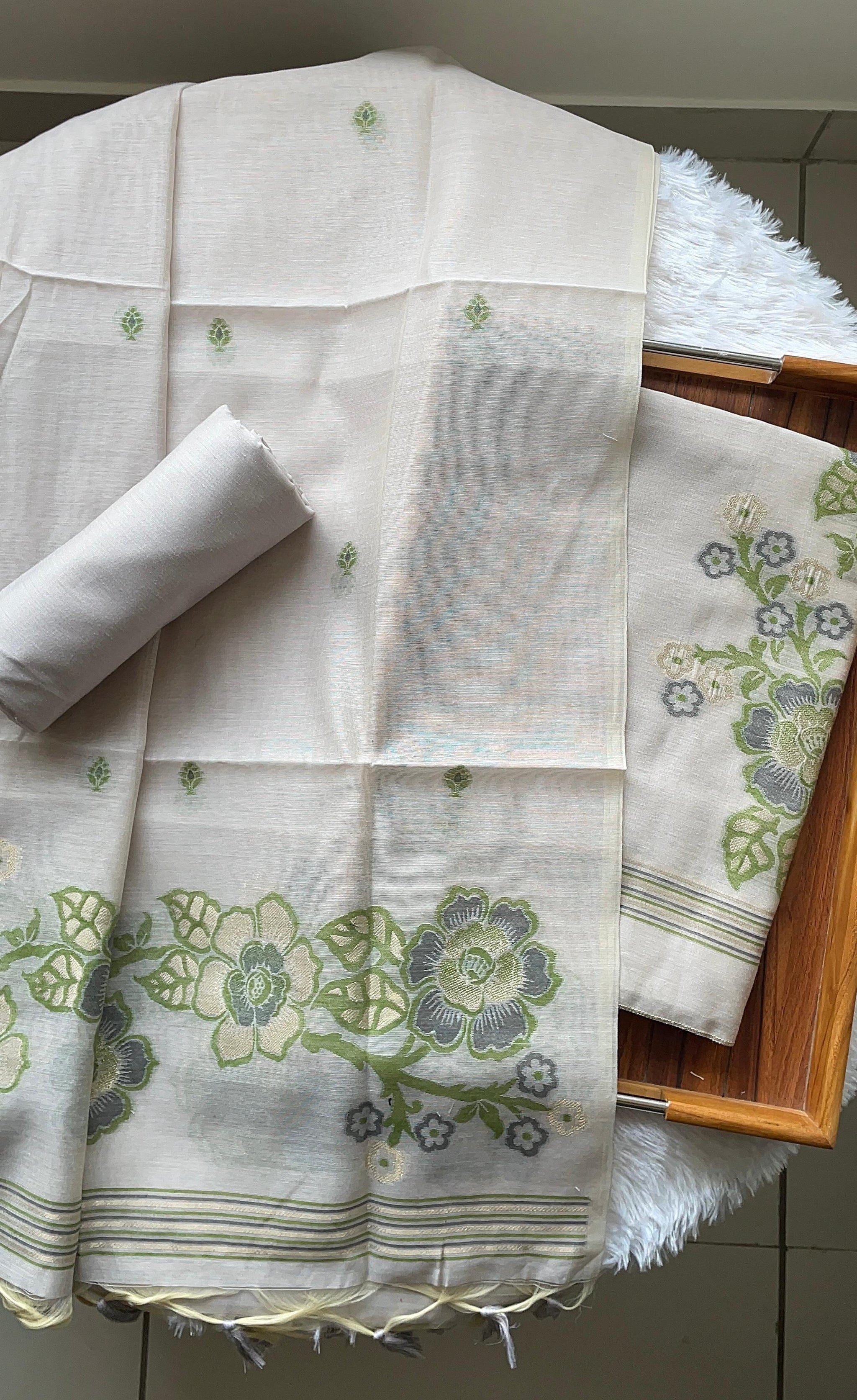 Fleur Grey Muga Cotton Unstitched Suit Set