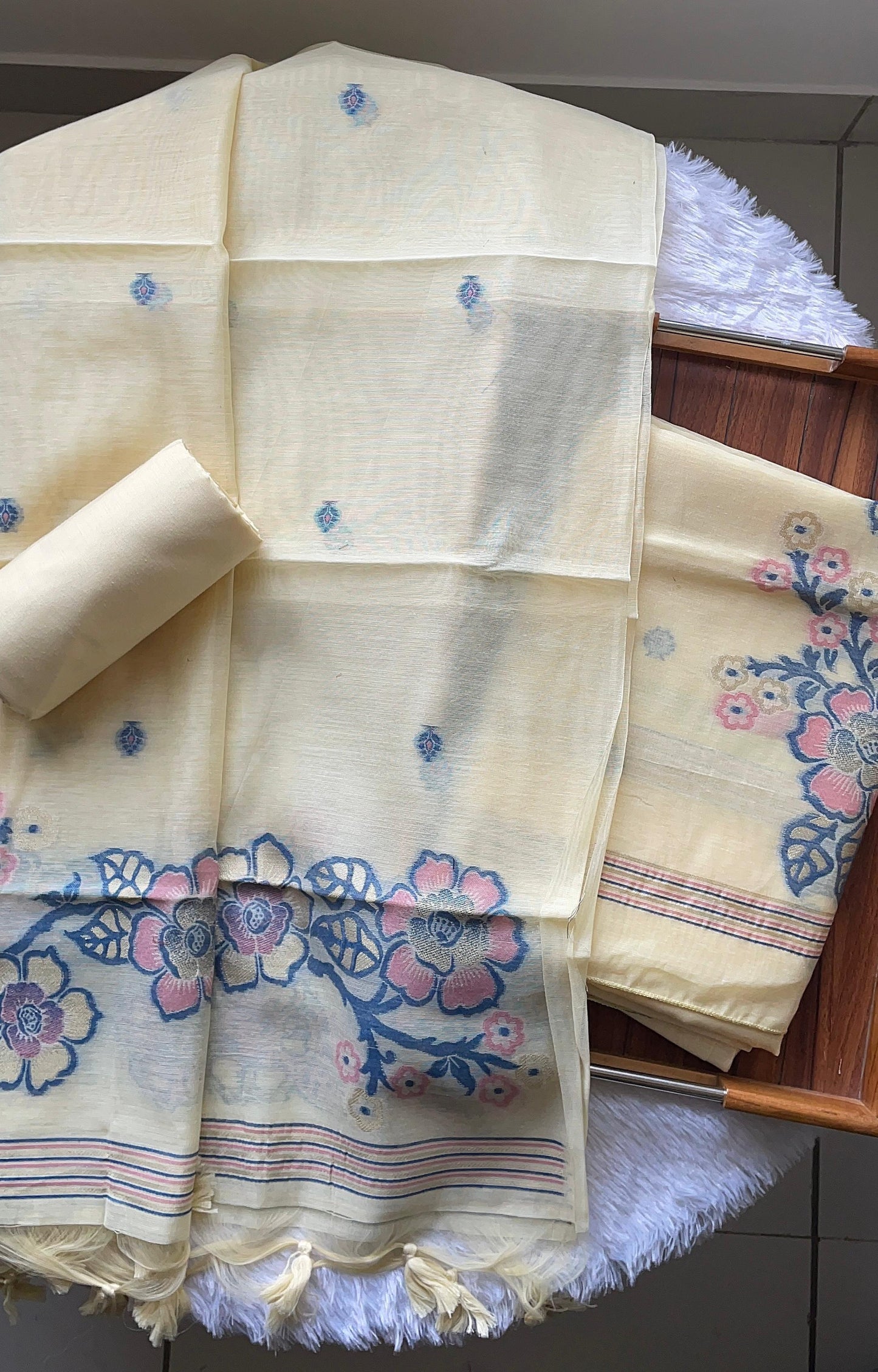 Fleur Light Yellow Muga Cotton Unstitched Suit Set