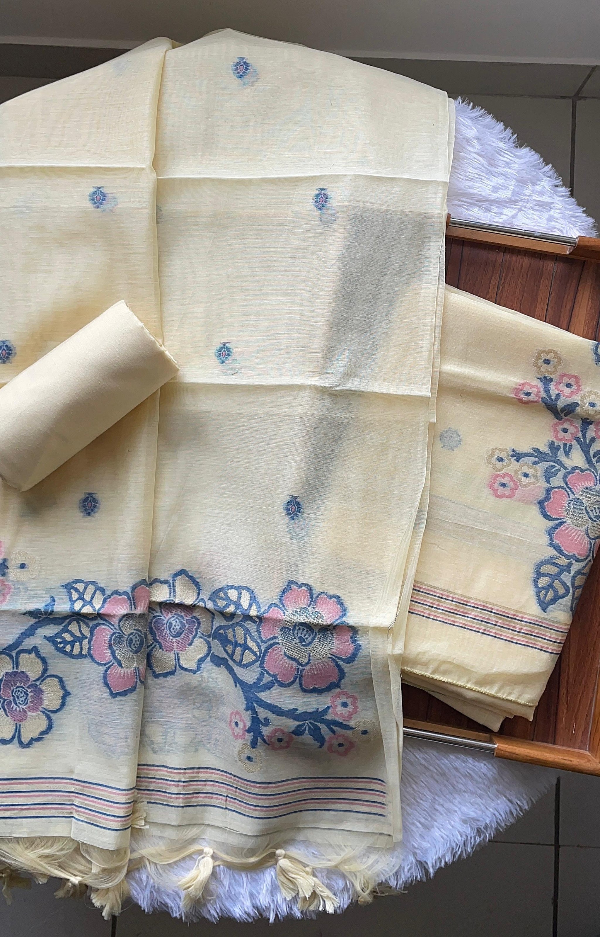 Fleur Light Yellow Muga Cotton Unstitched Suit Set