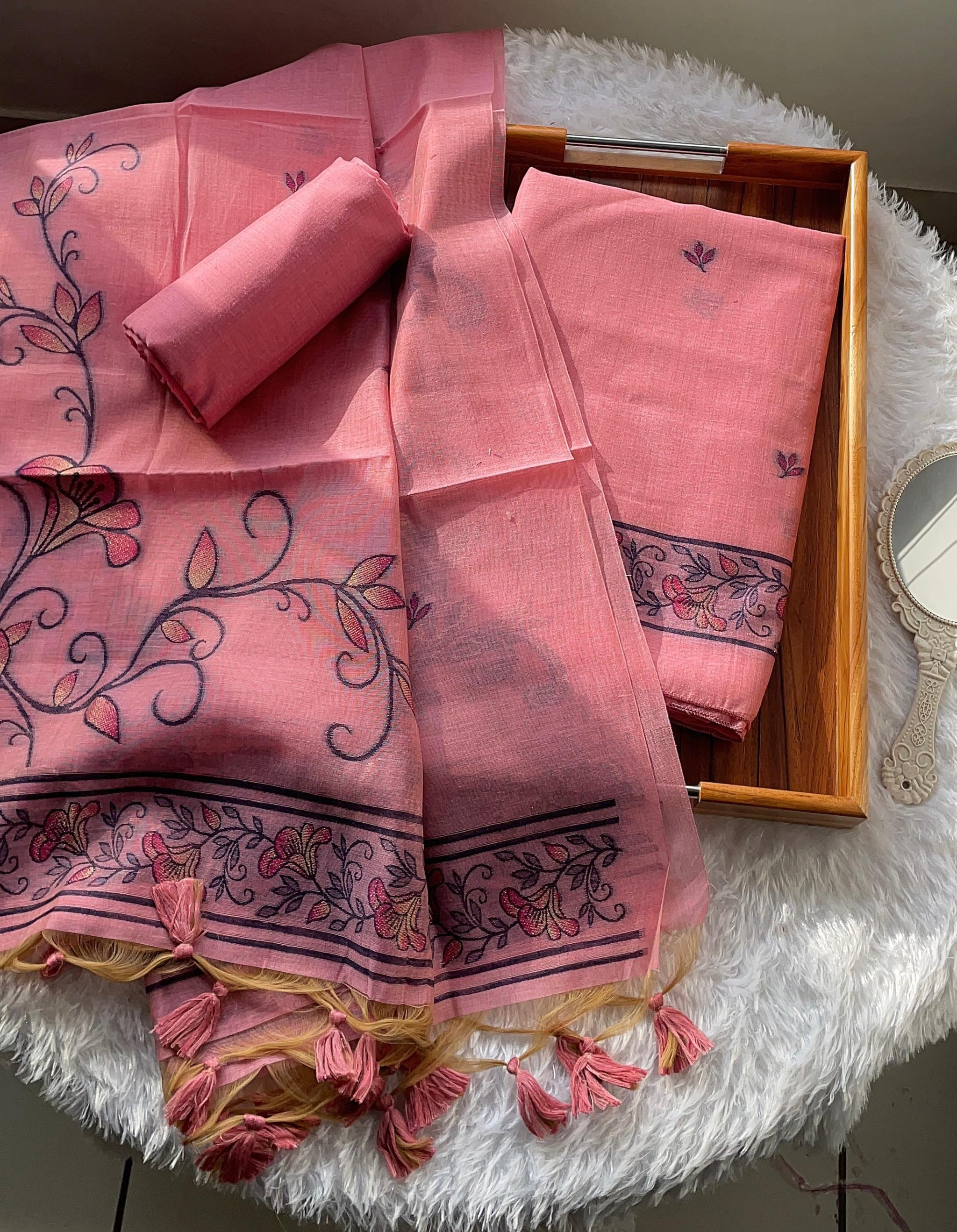 Sugar Bloom Pink Muga Cotton Unstitched Suit Set