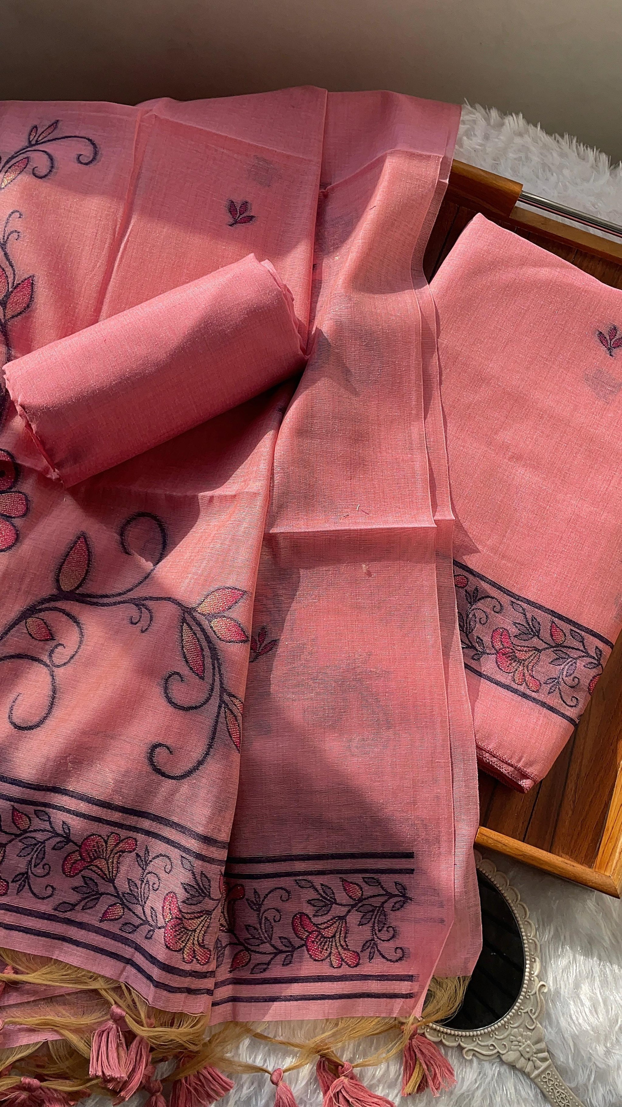 Sugar Bloom Pink Muga Cotton Unstitched Suit Set
