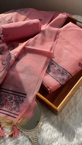 Sugar Bloom Pink Muga Cotton Unstitched Suit Set