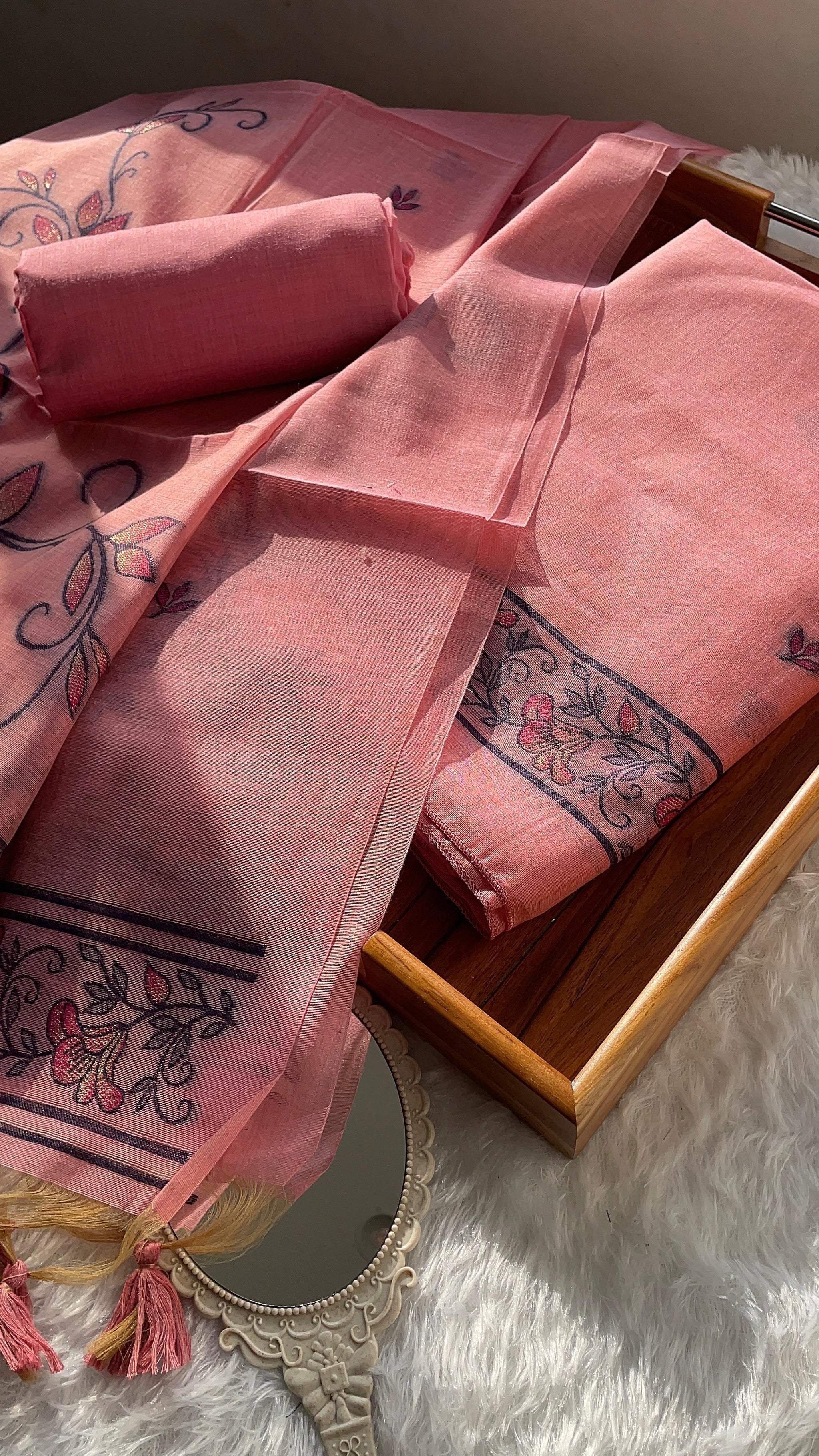 Sugar Bloom Pink Muga Cotton Unstitched Suit Set
