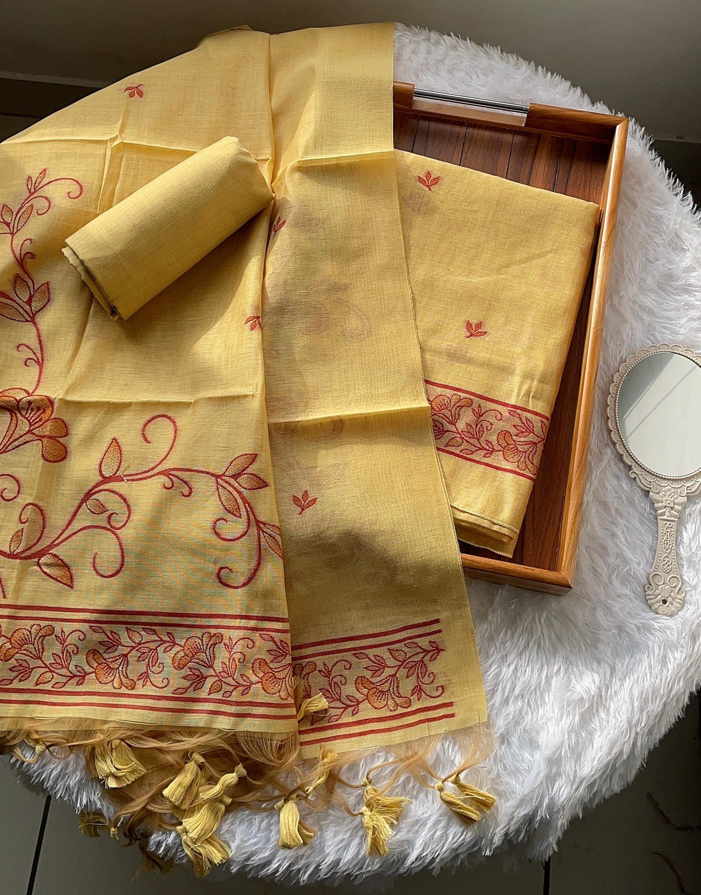 Sugar Bloom Yelllow Muga Cotton Unstitched Suit Set