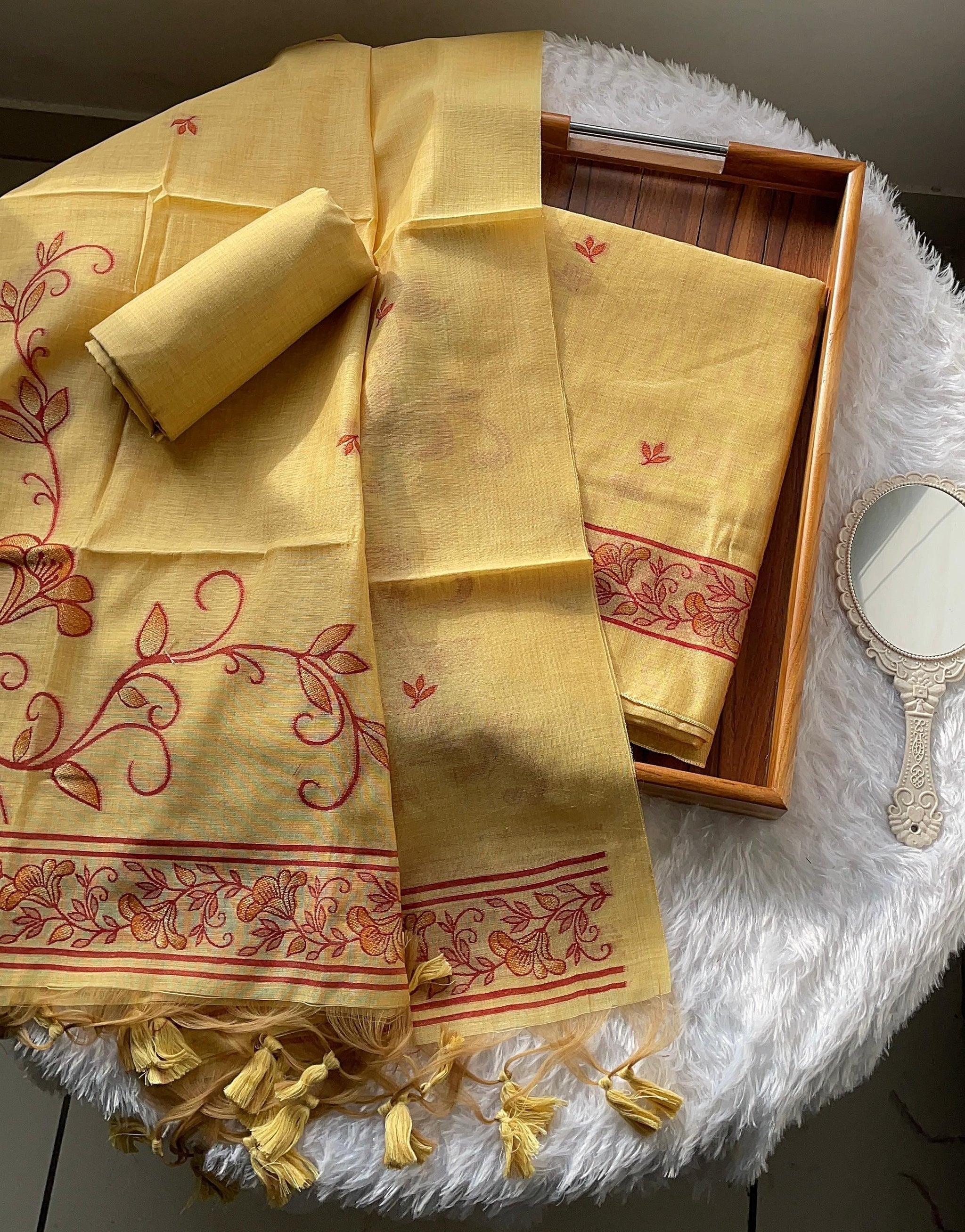 Sugar Bloom Yelllow Muga Cotton Unstitched Suit Set