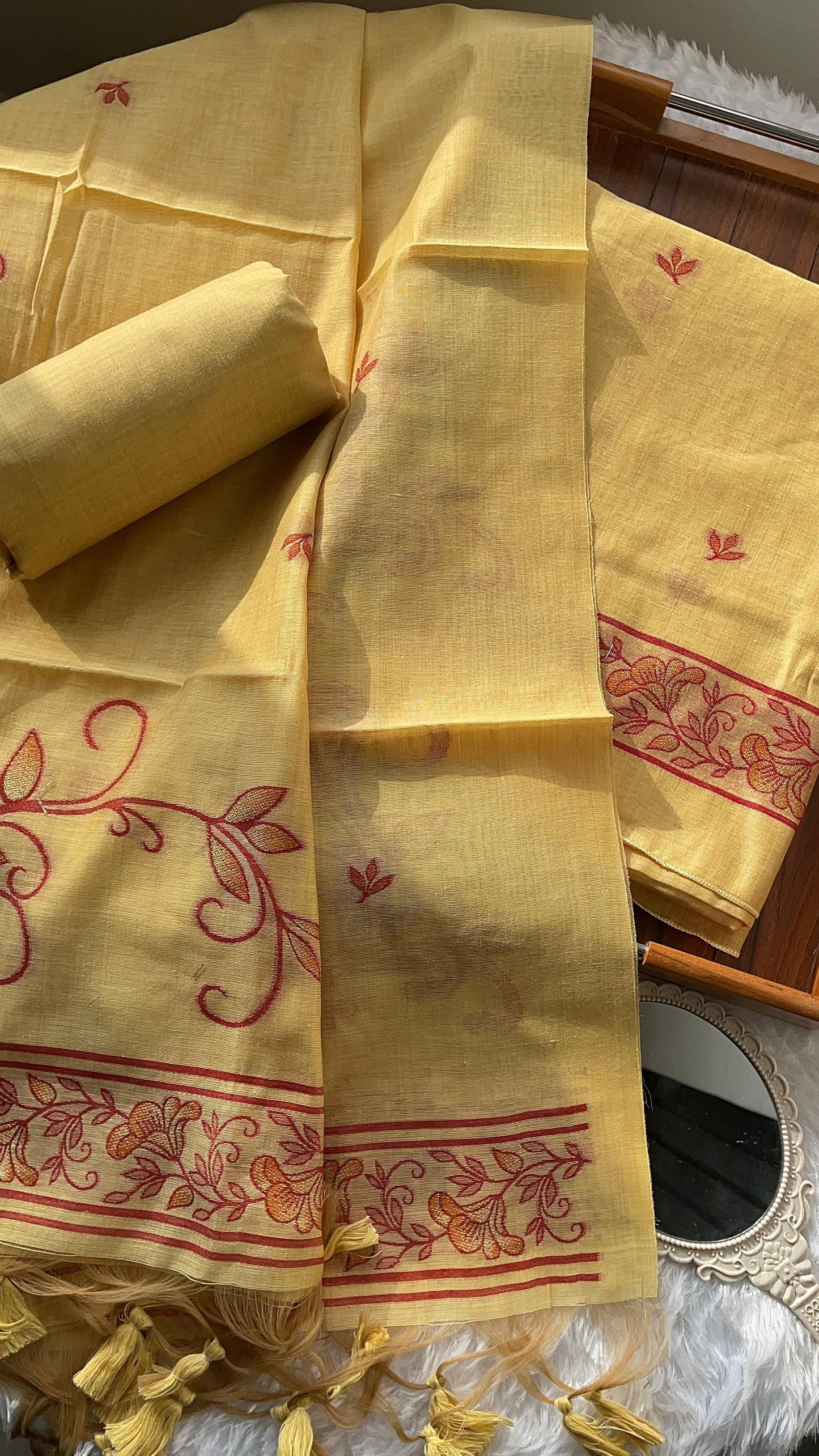 Sugar Bloom Yelllow Muga Cotton Unstitched Suit Set