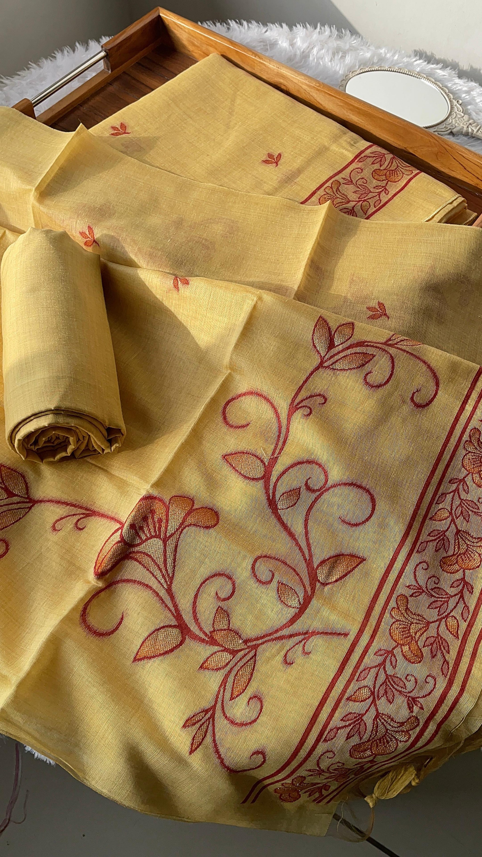 Sugar Bloom Yelllow Muga Cotton Unstitched Suit Set