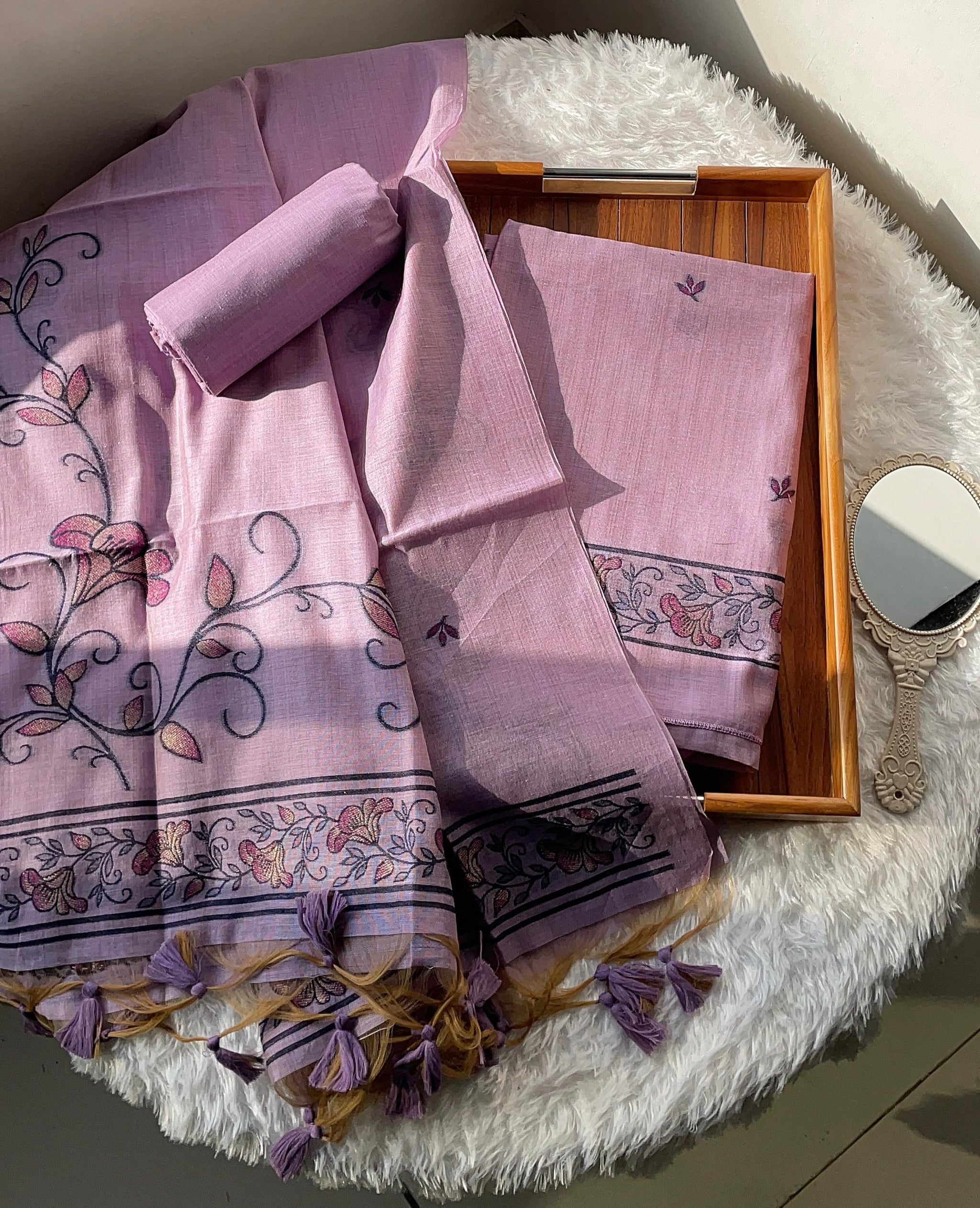 Sugar Bloom Lavender Muga Cotton Unstitched Suit Set