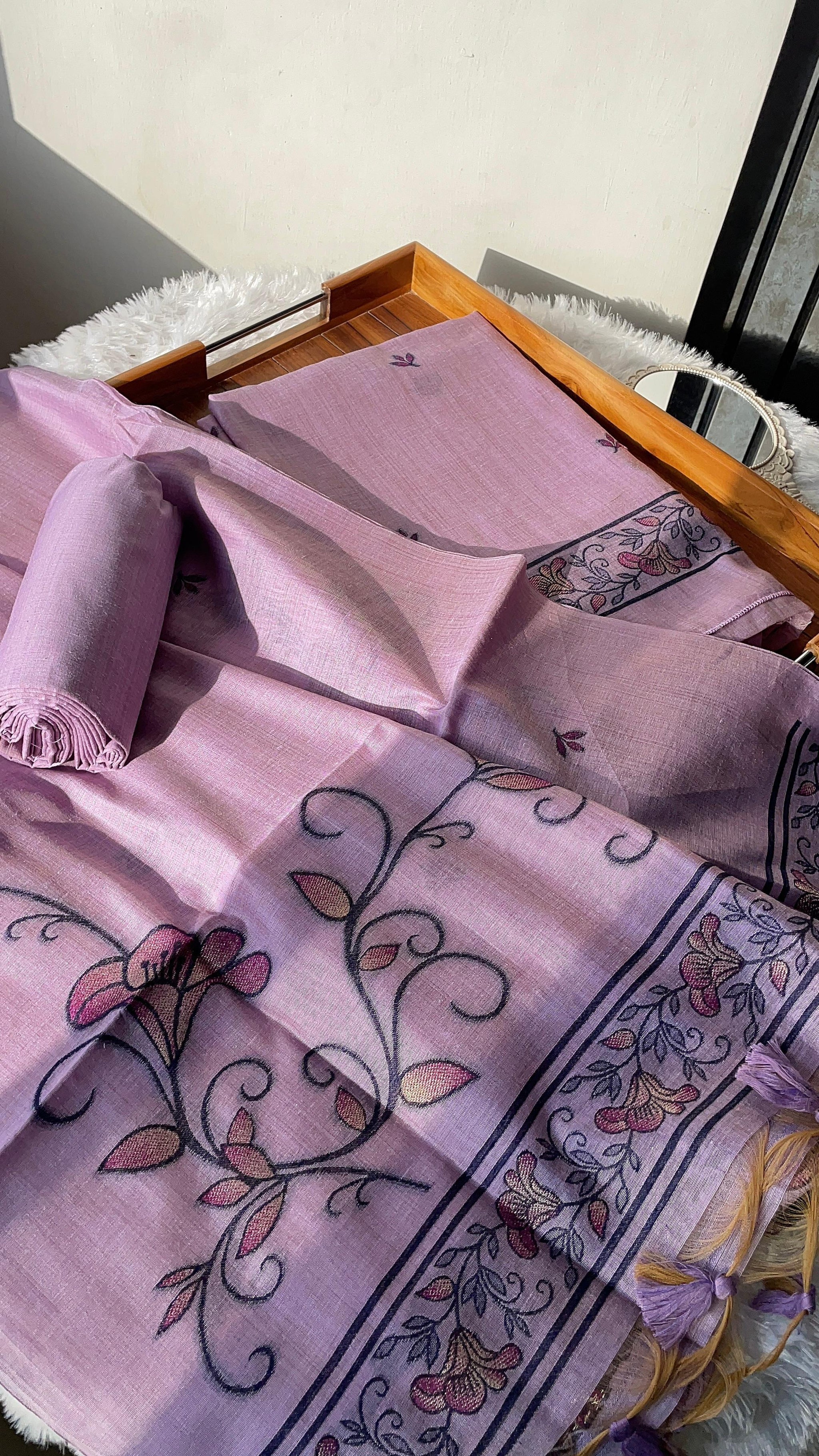 Sugar Bloom Lavender Muga Cotton Unstitched Suit Set