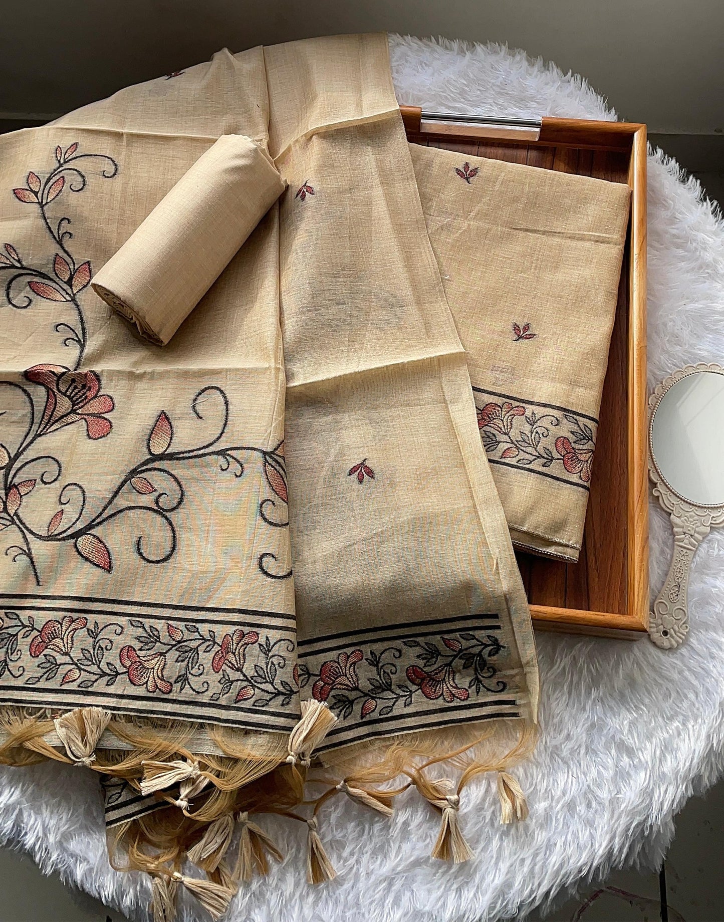 Sugar Bloom Beige Muga Cotton Unstitched Suit Set