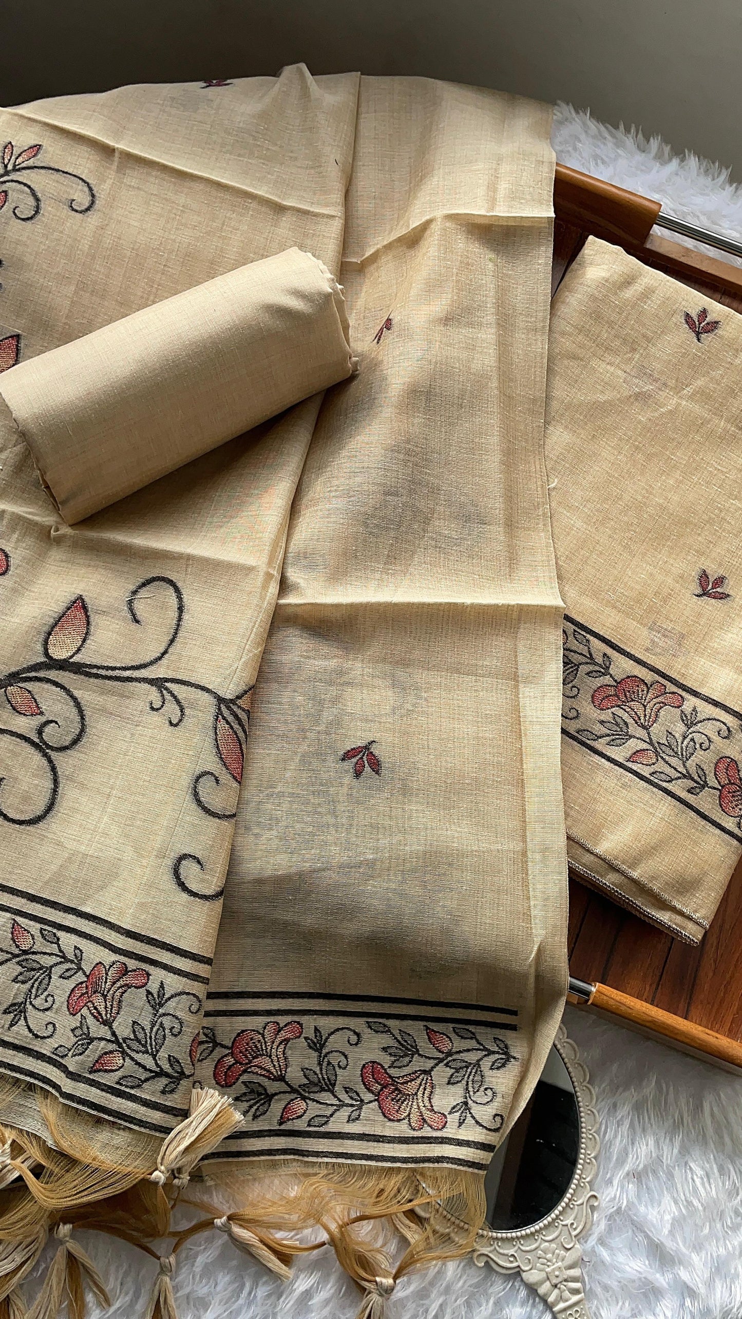 Sugar Bloom Beige Muga Cotton Unstitched Suit Set