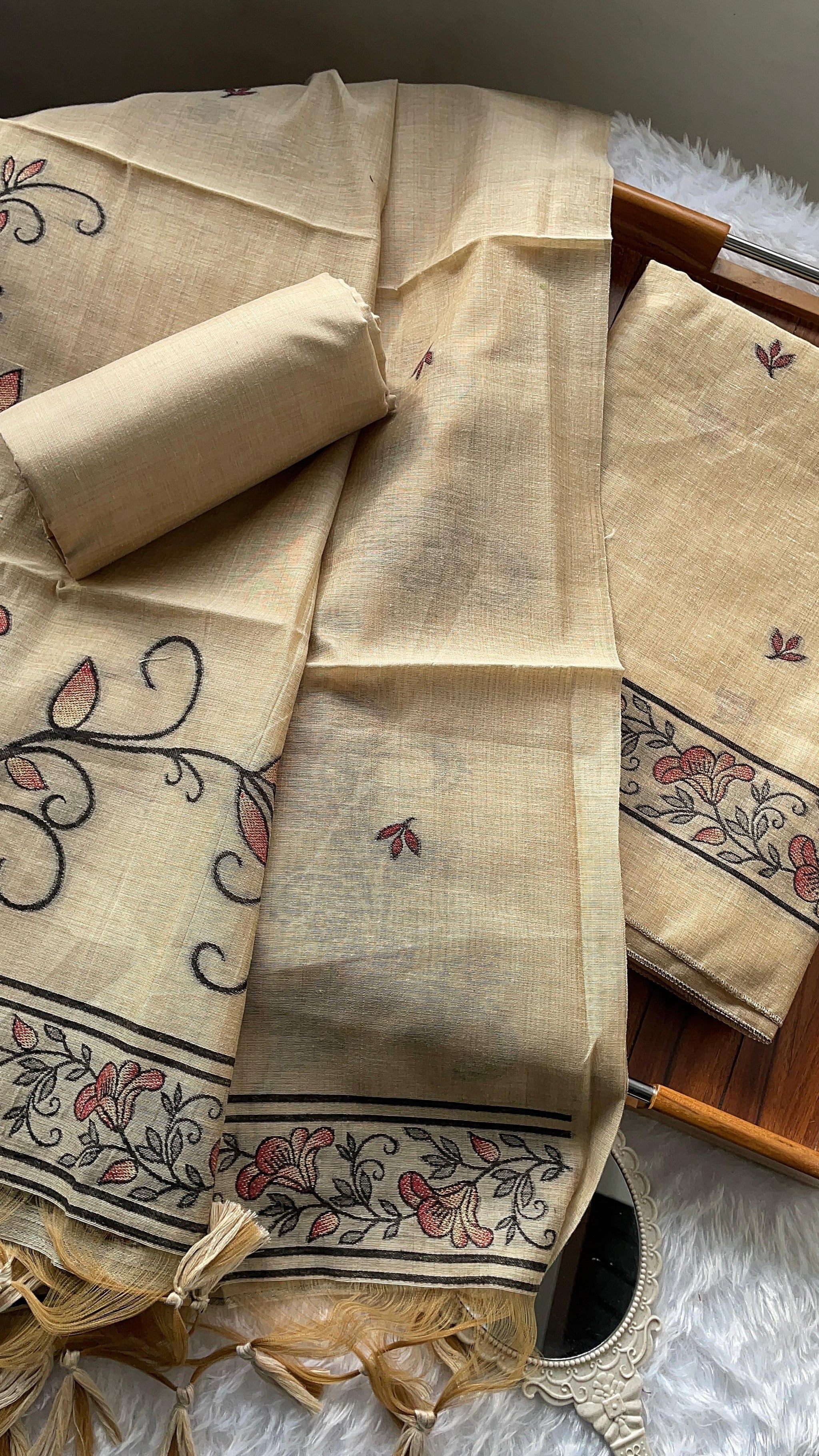 Sugar Bloom Beige Muga Cotton Unstitched Suit Set