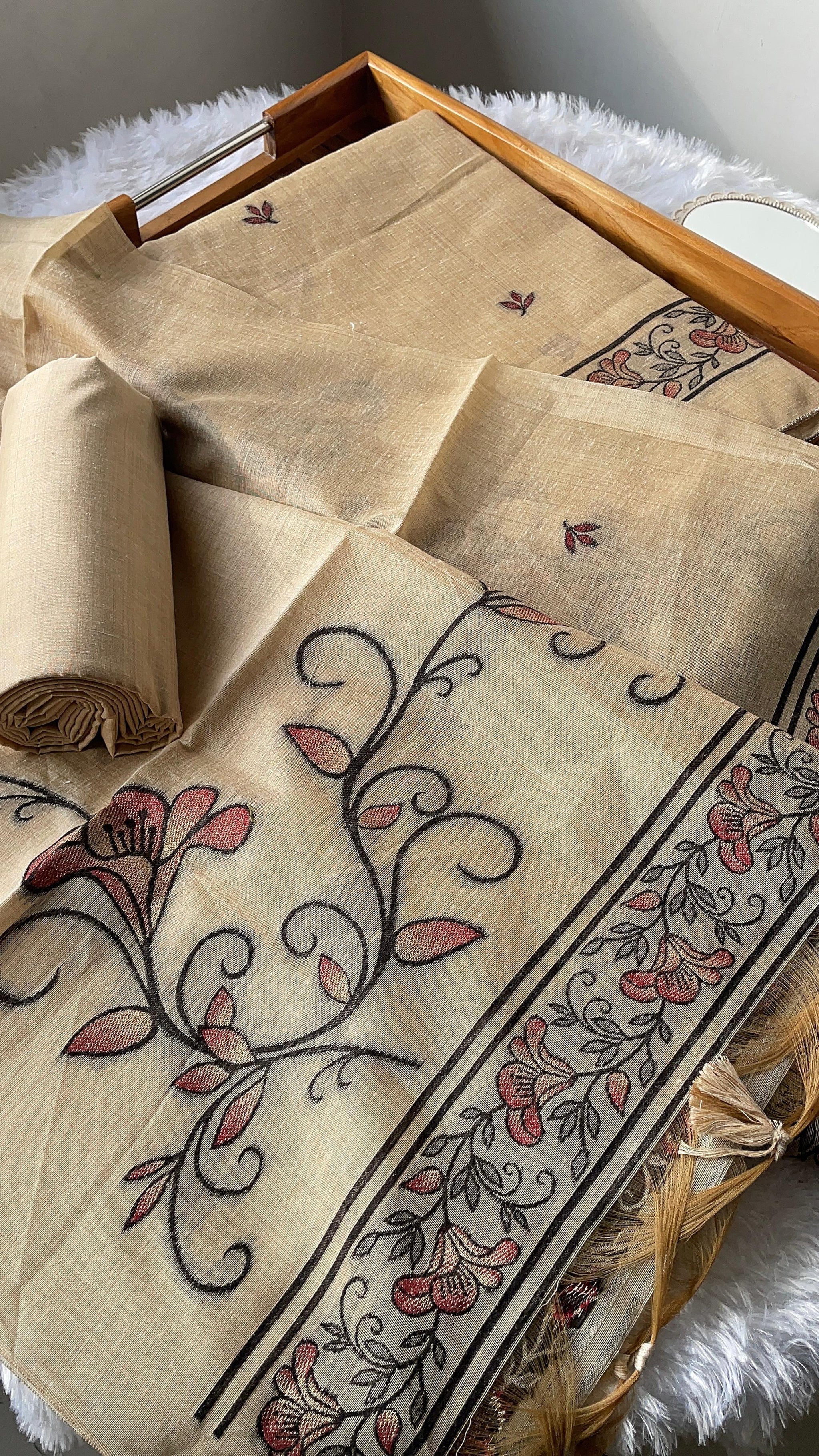 Sugar Bloom Beige Muga Cotton Unstitched Suit Set