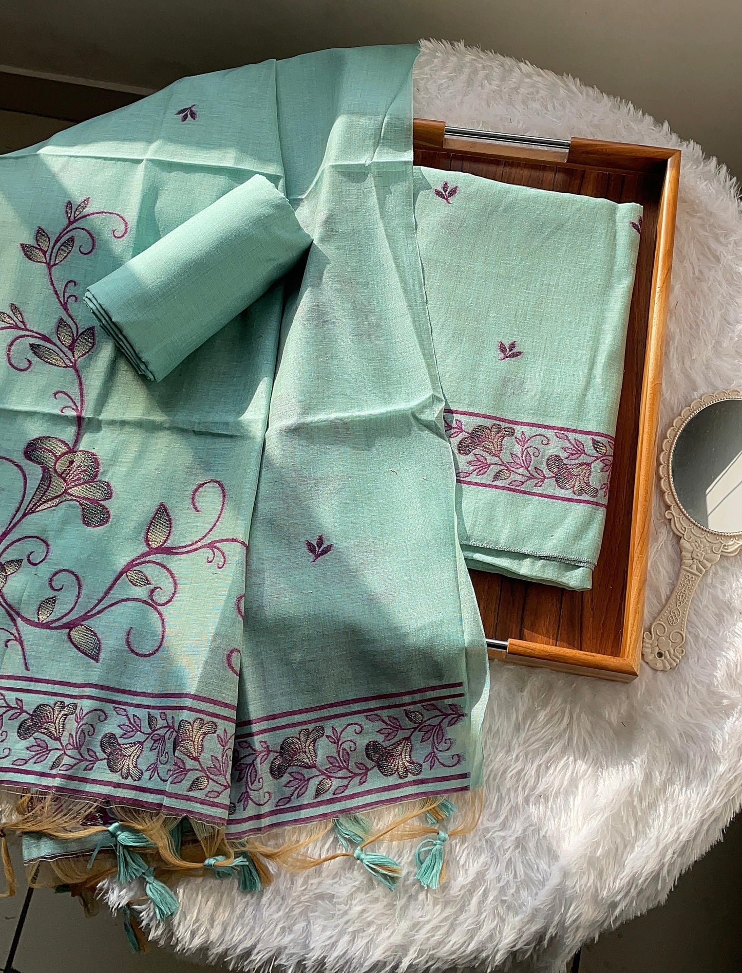 Sugar Bloom Blue Muga Cotton Unstitched Suit Set