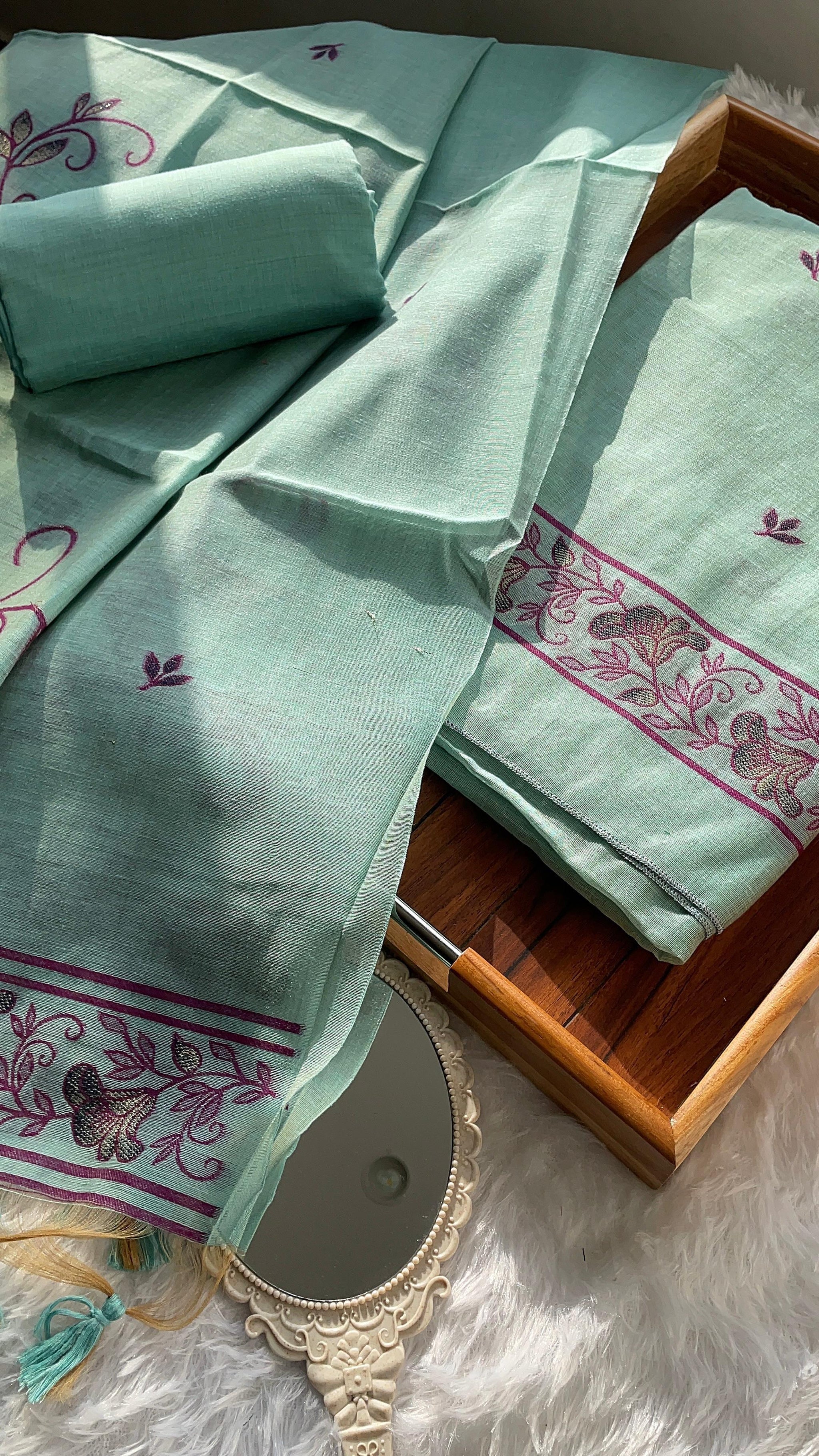 Sugar Bloom Blue Muga Cotton Unstitched Suit Set
