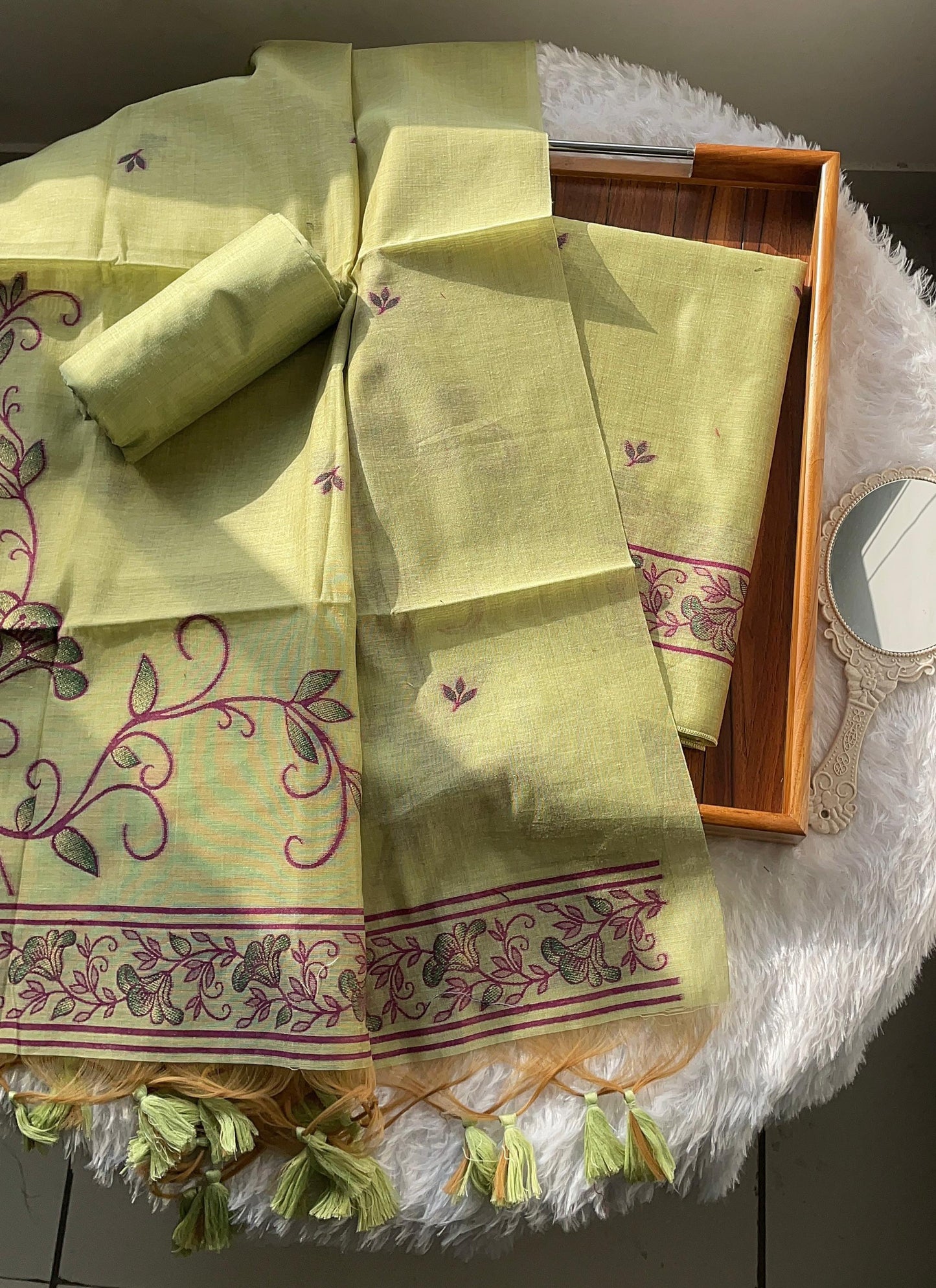 Sugar Bloom Green Muga Cotton Unstitched Suit Set