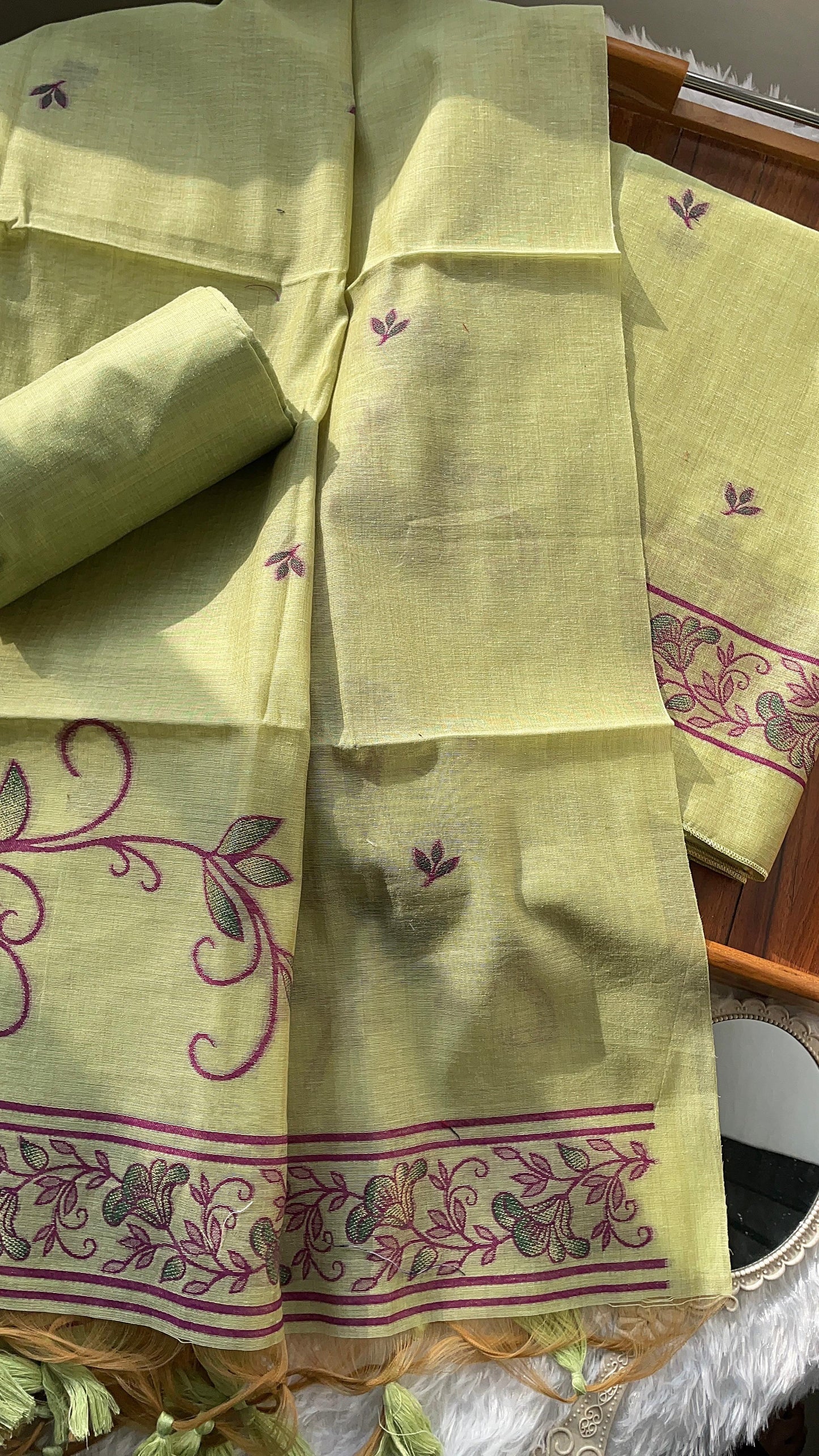 Sugar Bloom Green Muga Cotton Unstitched Suit Set