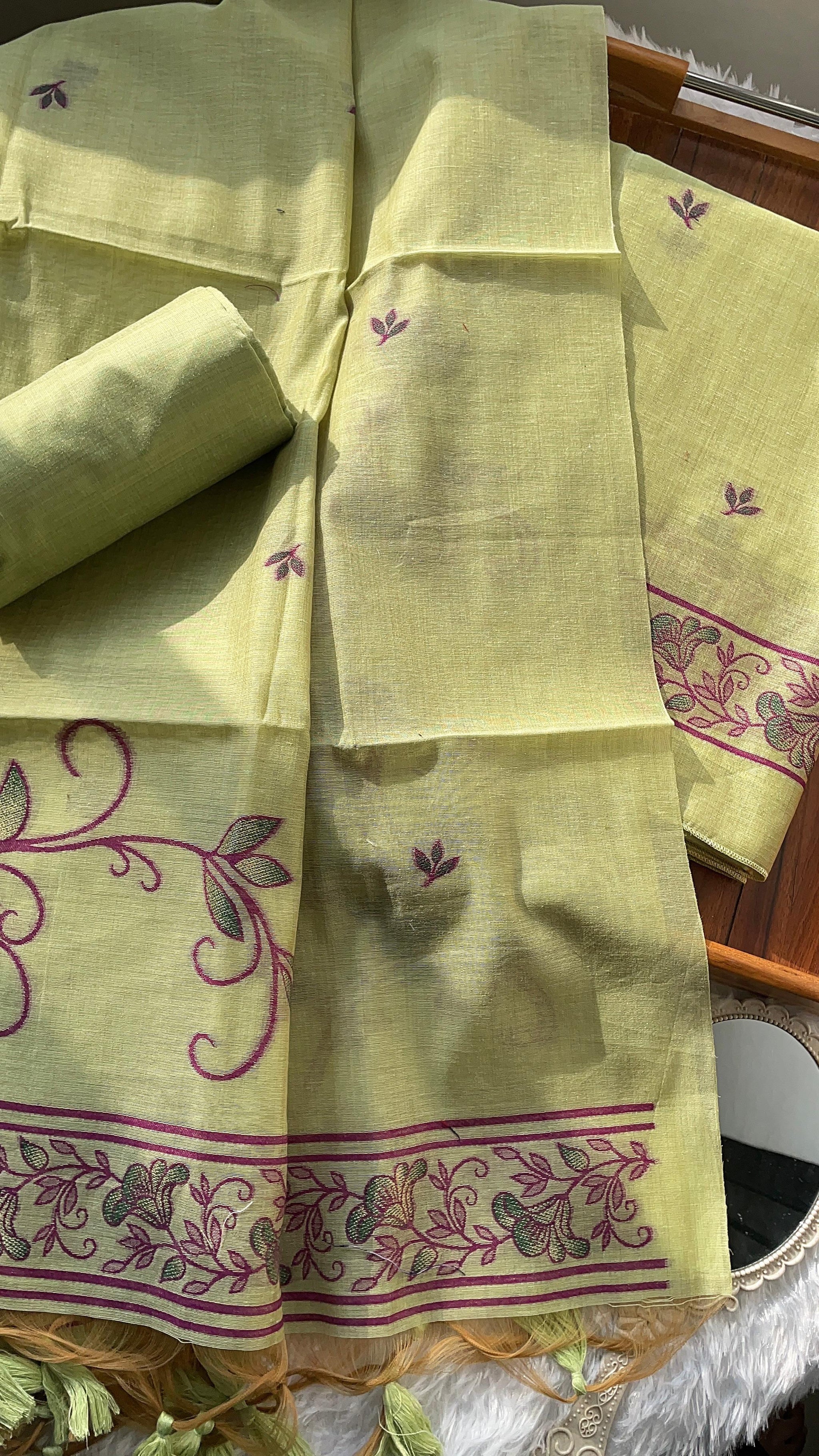 Sugar Bloom Green Muga Cotton Unstitched Suit Set