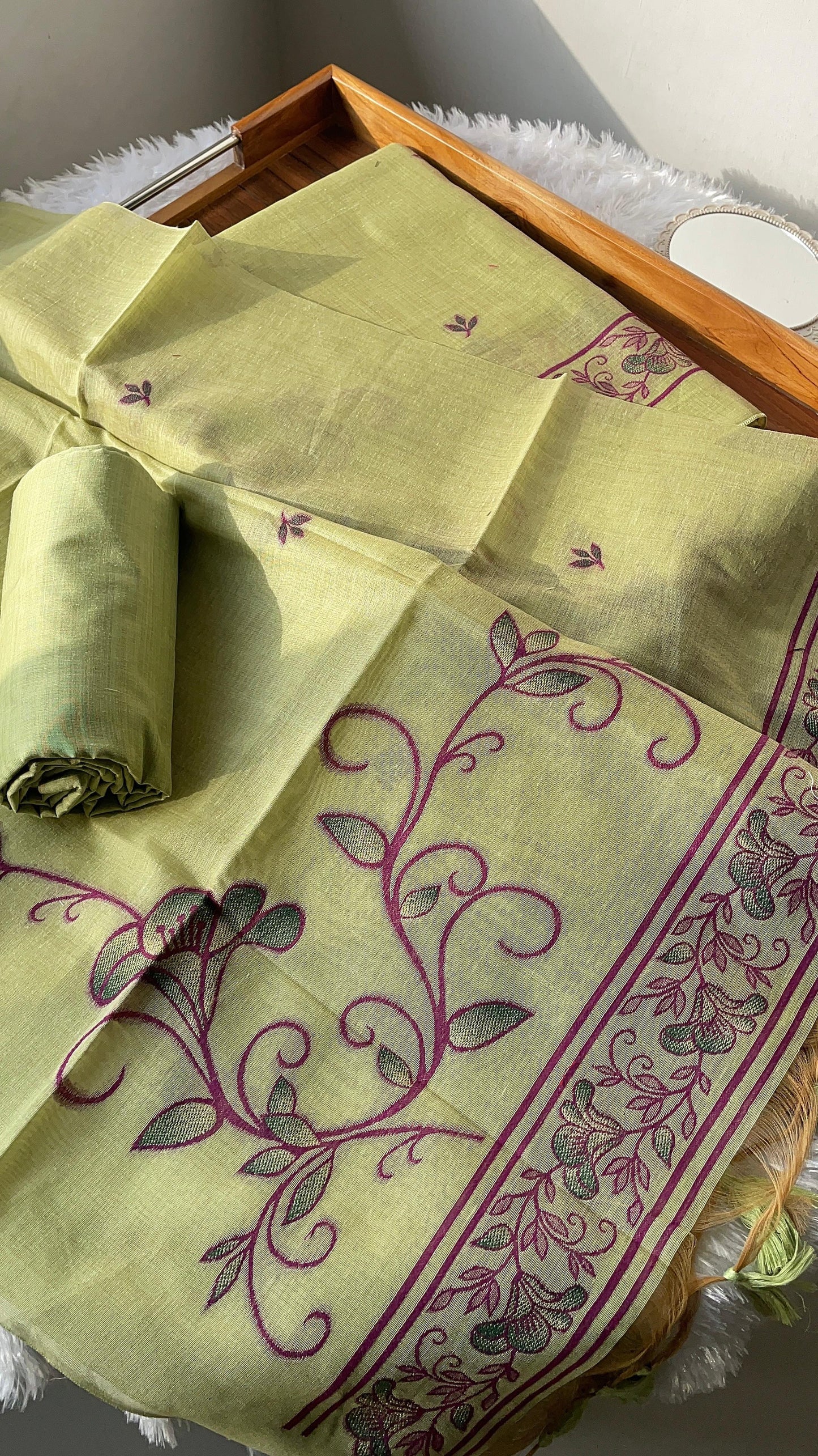 Sugar Bloom Green Muga Cotton Unstitched Suit Set