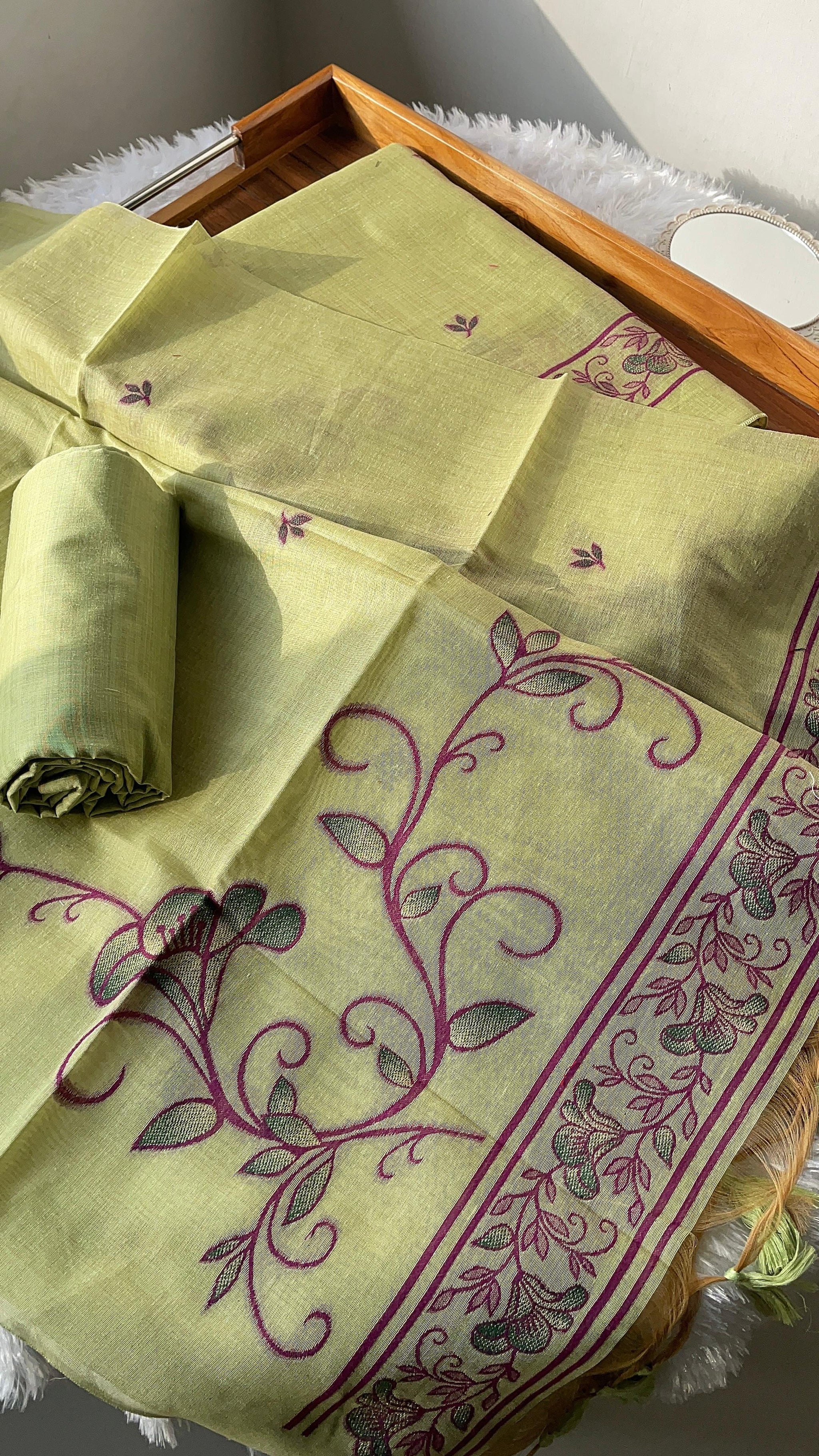 Sugar Bloom Green Muga Cotton Unstitched Suit Set