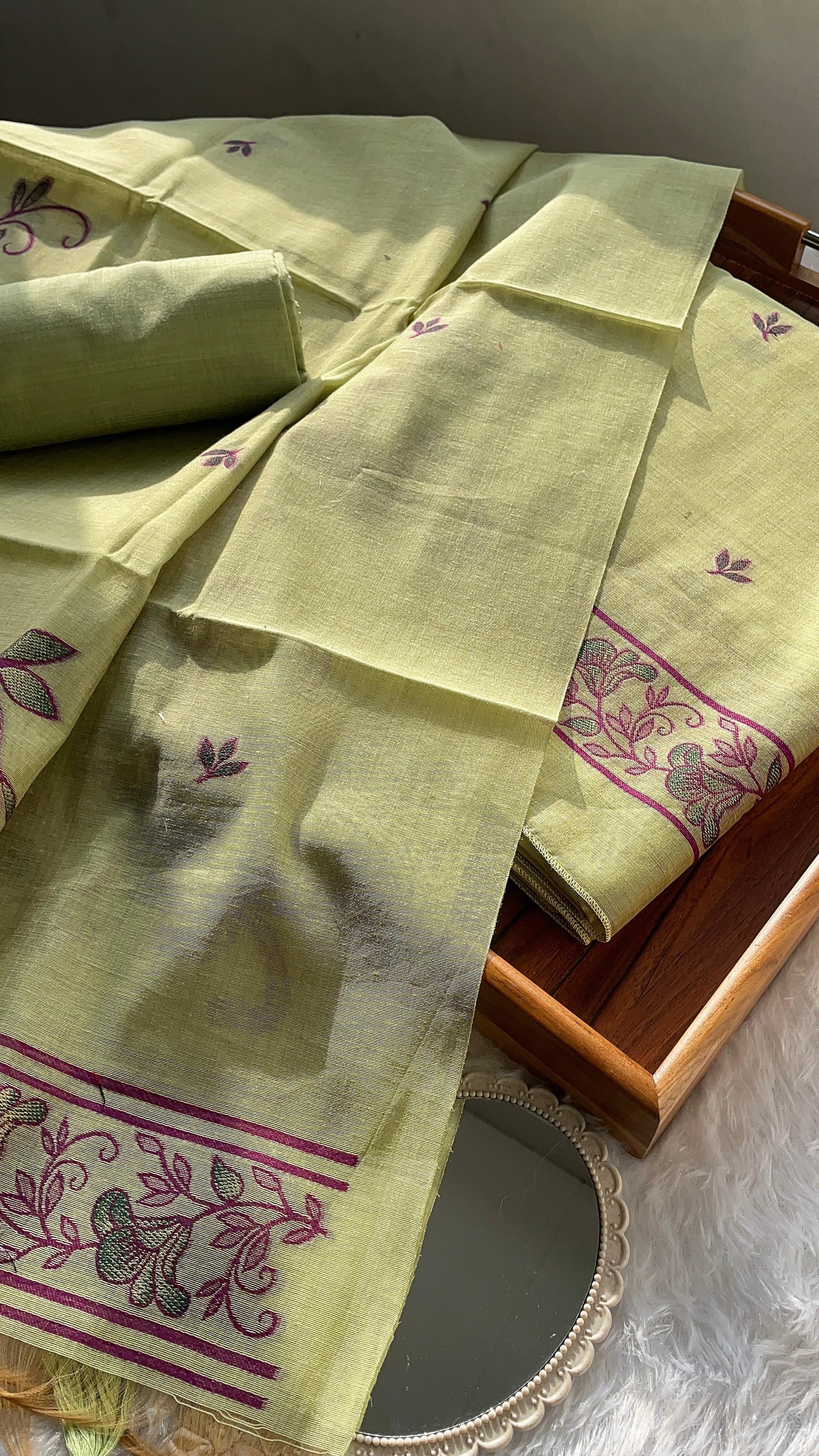Sugar Bloom Green Muga Cotton Unstitched Suit Set