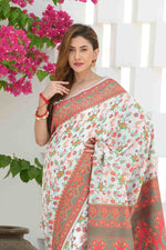 Load image into Gallery viewer, Yashodha Swan White Jamewar Kashmiri Soft Modal Silk Saree
