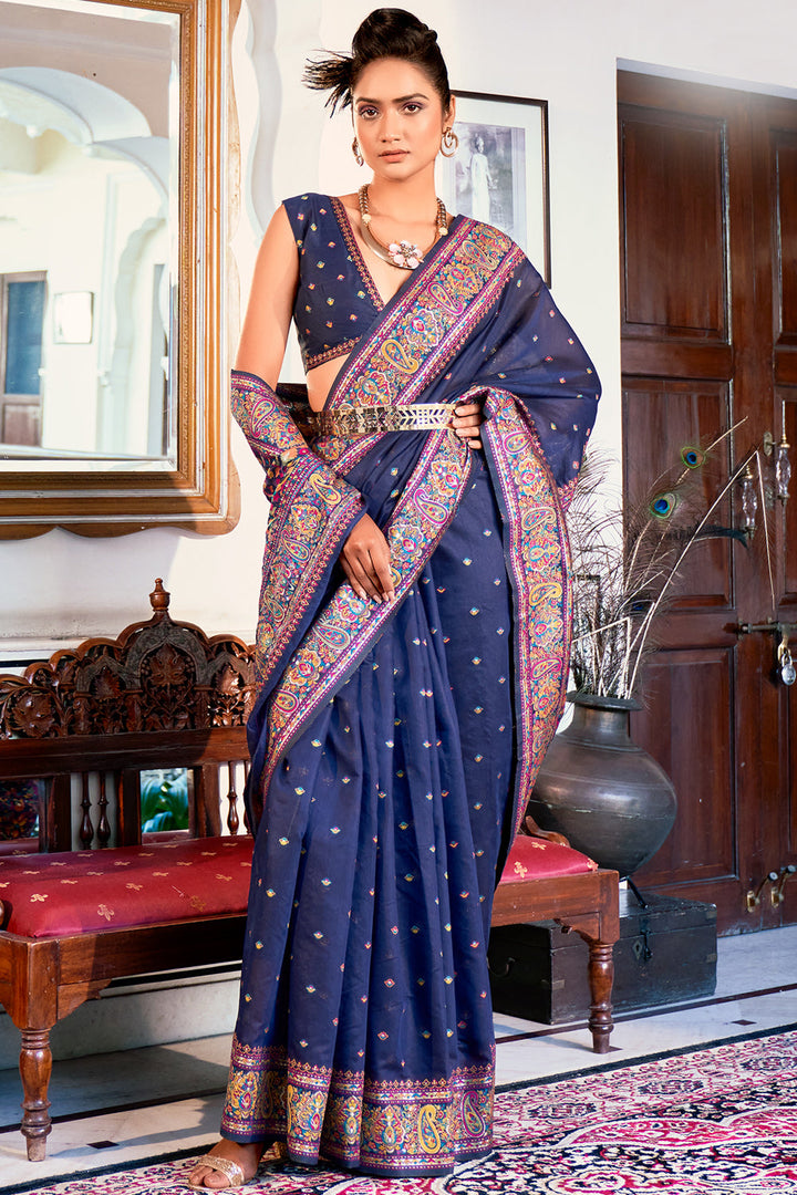 Zoya Denim Navy Blue Pashmina Modal Silk Saree