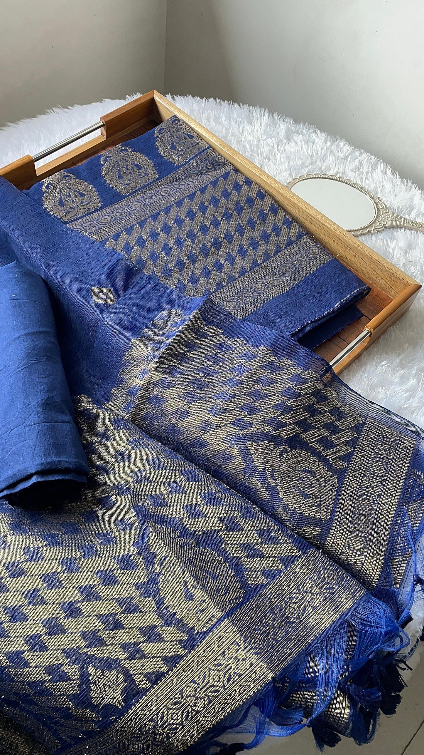 Silken Fold Navy Muga Silk Unstitched Suit Set