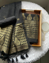 Silken Fold Black Muga Silk Unstitched Suit Set
