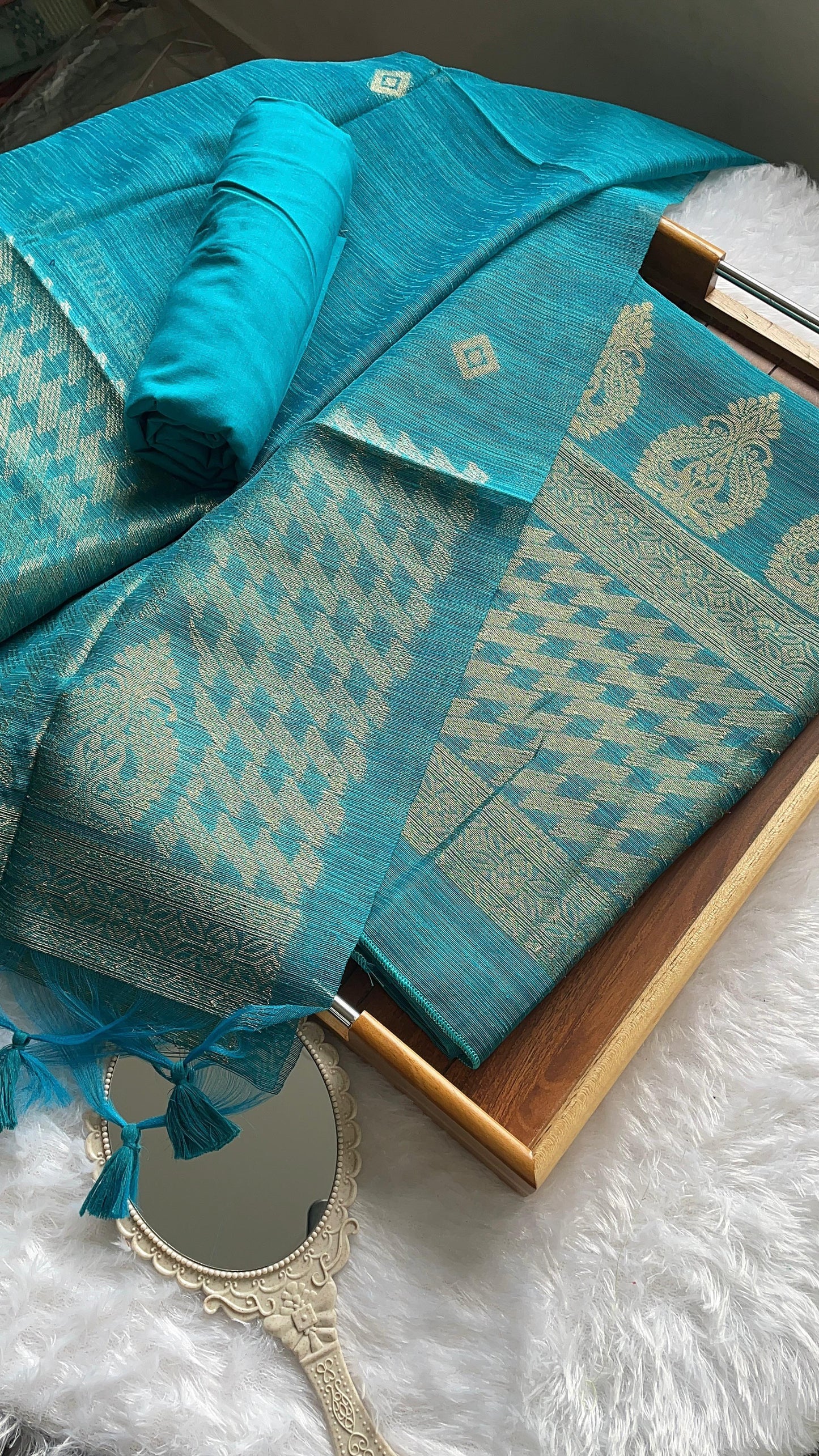 Silken Fold Teal Muga Silk Unstitched Suit Set