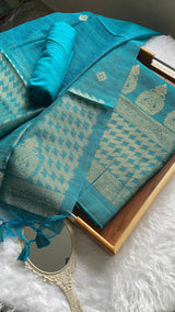 Silken Fold Teal Muga Silk Unstitched Suit Set