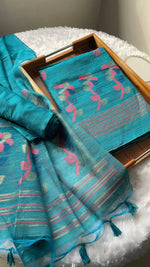 Load image into Gallery viewer, Ethereal Threads Teal Blue Jamdani Muga Silk Unstitched Suit Set
