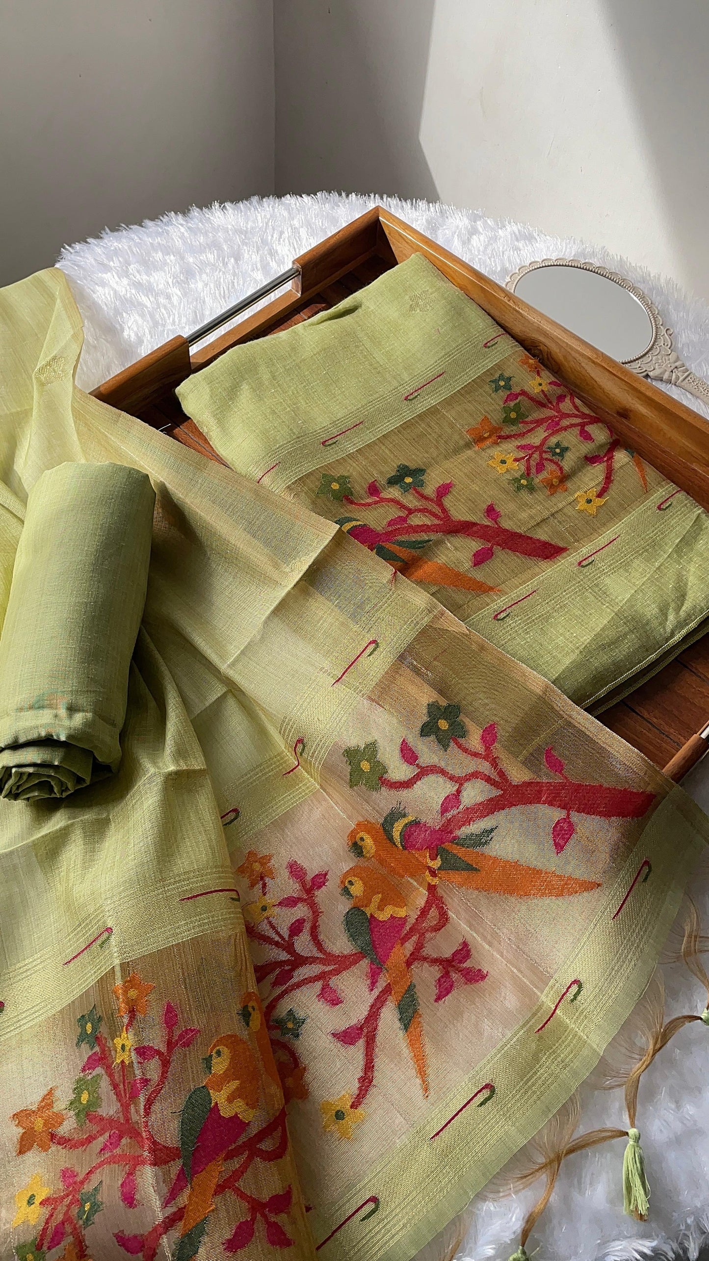 Weave & Wear Green Paithani Muga Cotton Unstitched Suit Set