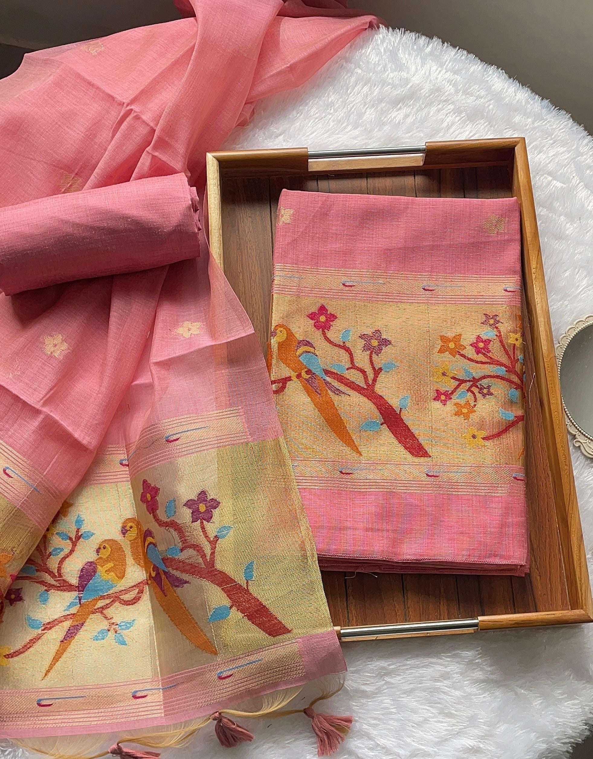 Weave & Wear Pink Paithani Muga Cotton Unstitched Suit Set