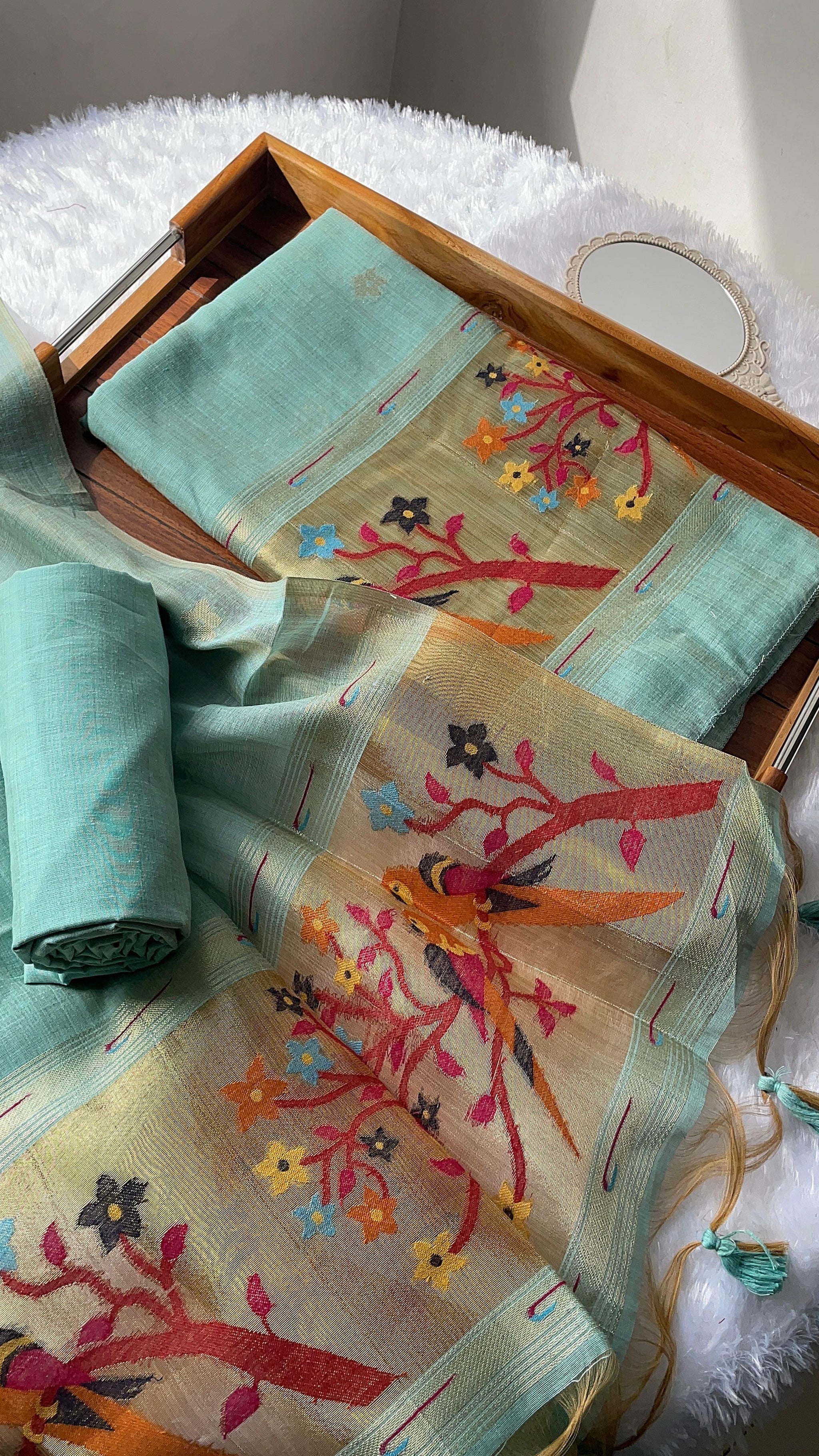 Weave & Wear Sky Blue Paithani Muga Cotton Unstitched Suit Set