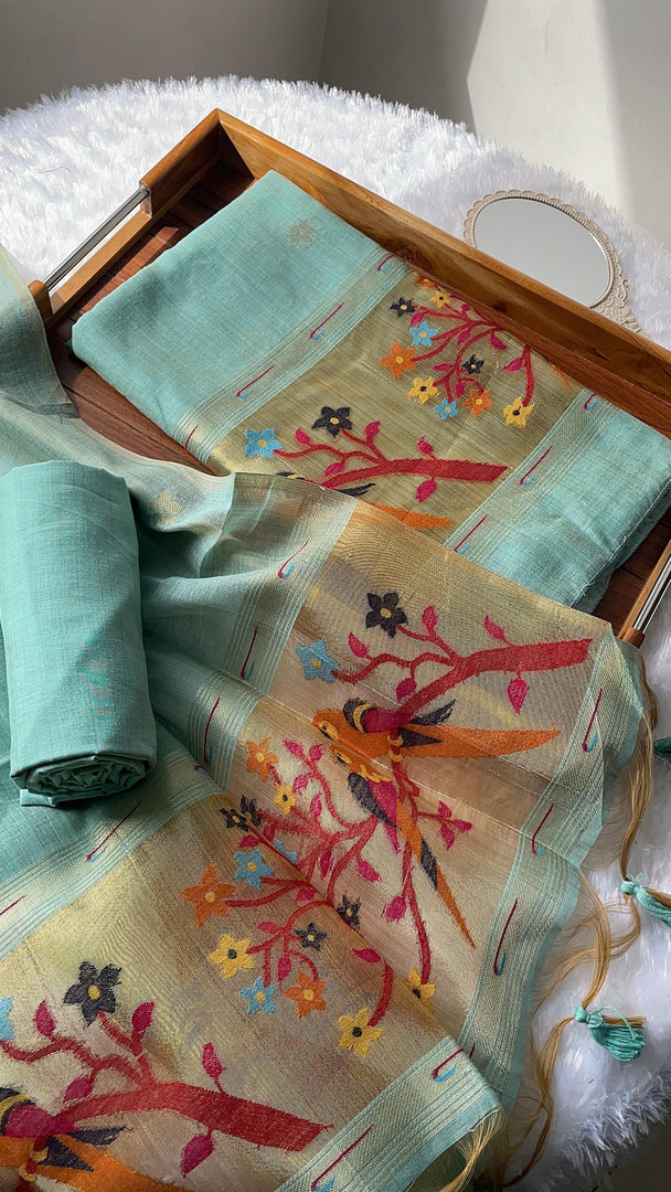 Weave & Wear Sky Blue Paithani Muga Cotton Unstitched Suit Set