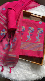 Load image into Gallery viewer, Ethereal Threads Hot Pink Jamdani Muga Silk Unstitched Suit Set
