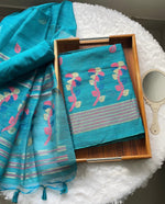 Load image into Gallery viewer, Ethereal Threads Teal Blue Jamdani Muga Silk Unstitched Suit Set
