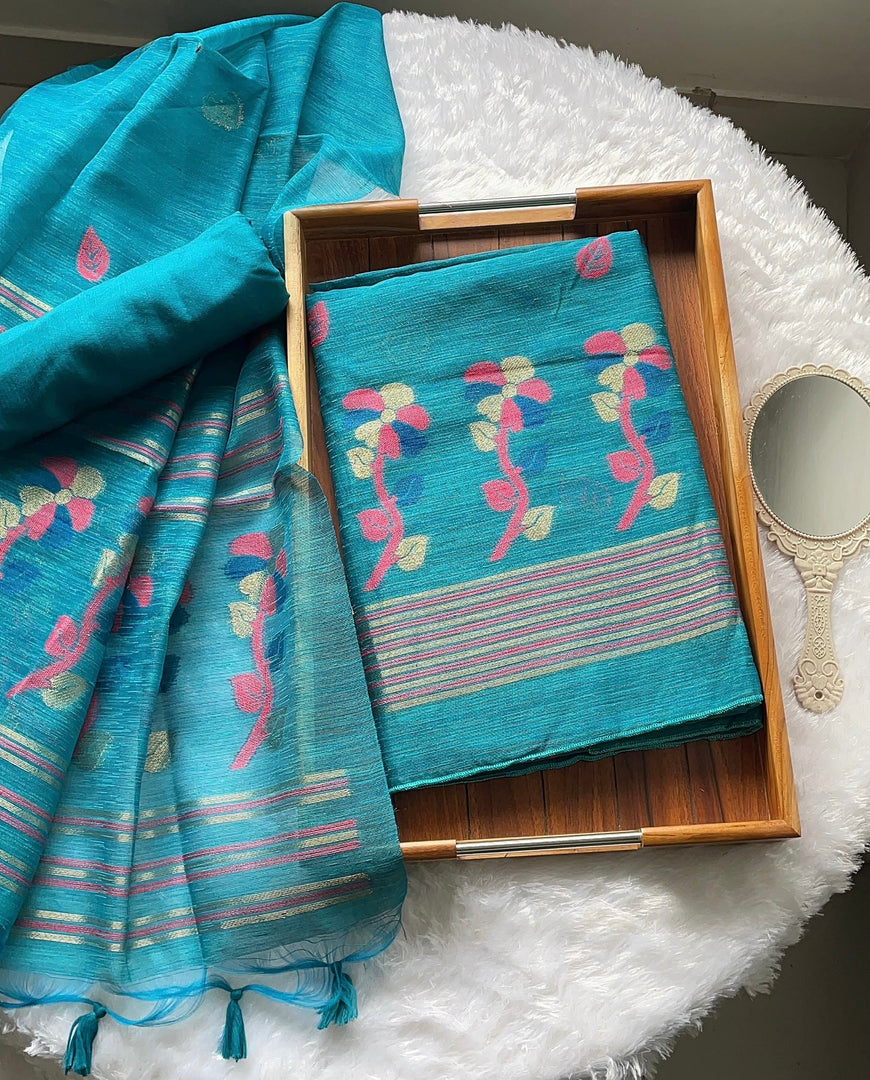 Ethereal Threads Teal Blue Jamdani Muga Silk Unstitched Suit Set
