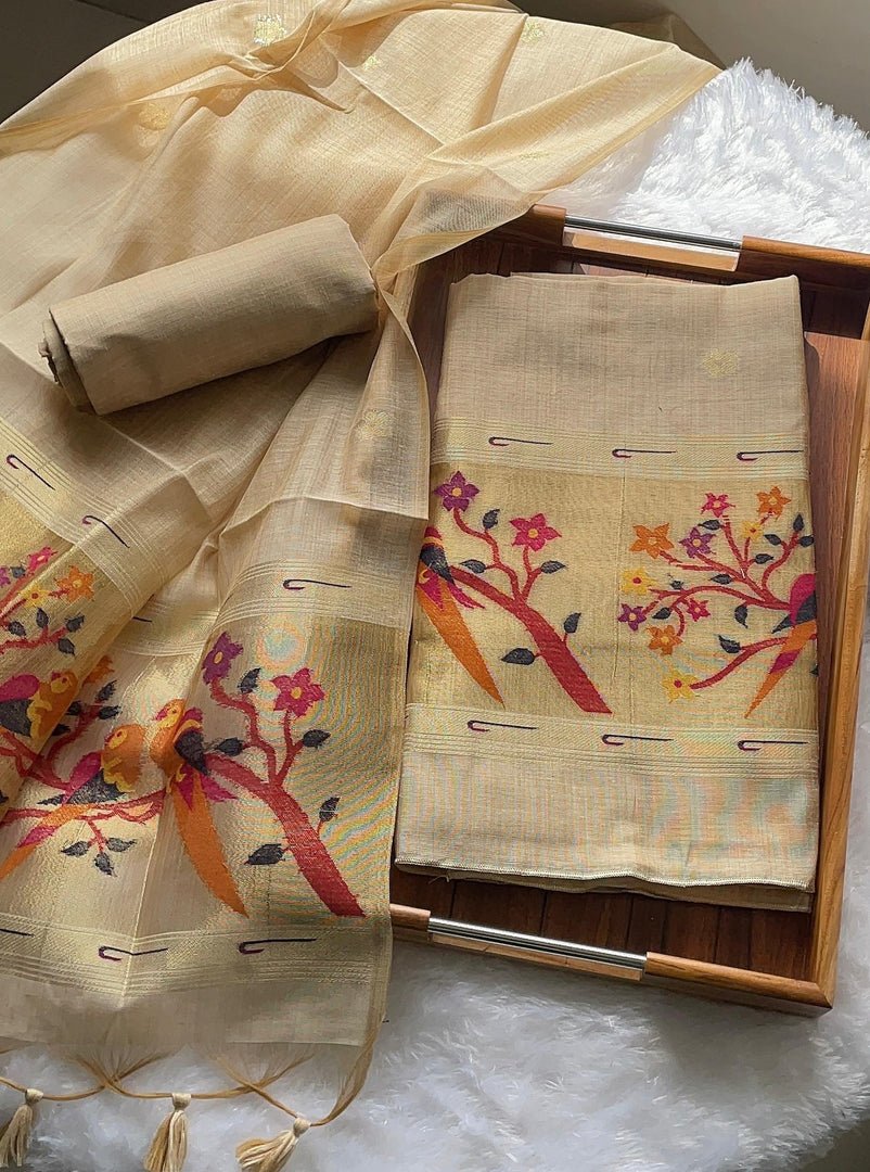 Weave & Wear Beige Paithani Muga Cotton Unstitched Suit Set