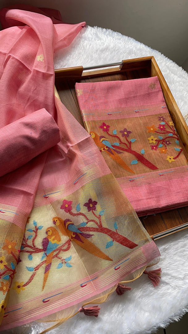 Weave & Wear Pink Paithani Muga Cotton Unstitched Suit Set