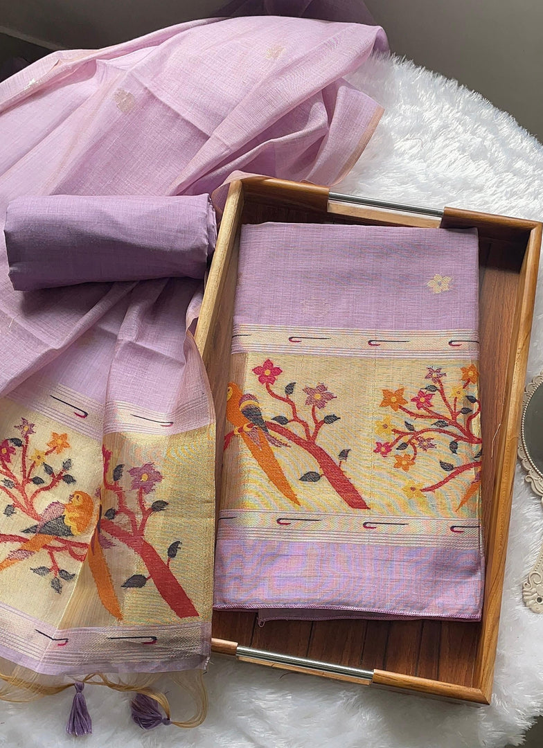 Weave & Wear Lavender Paithani Muga Cotton Unstitched Suit Set